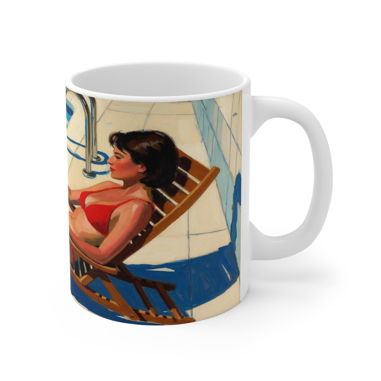 Poolside Vintage Art Coffee Mug — Retro Woman Lounging in Red Swimsuit