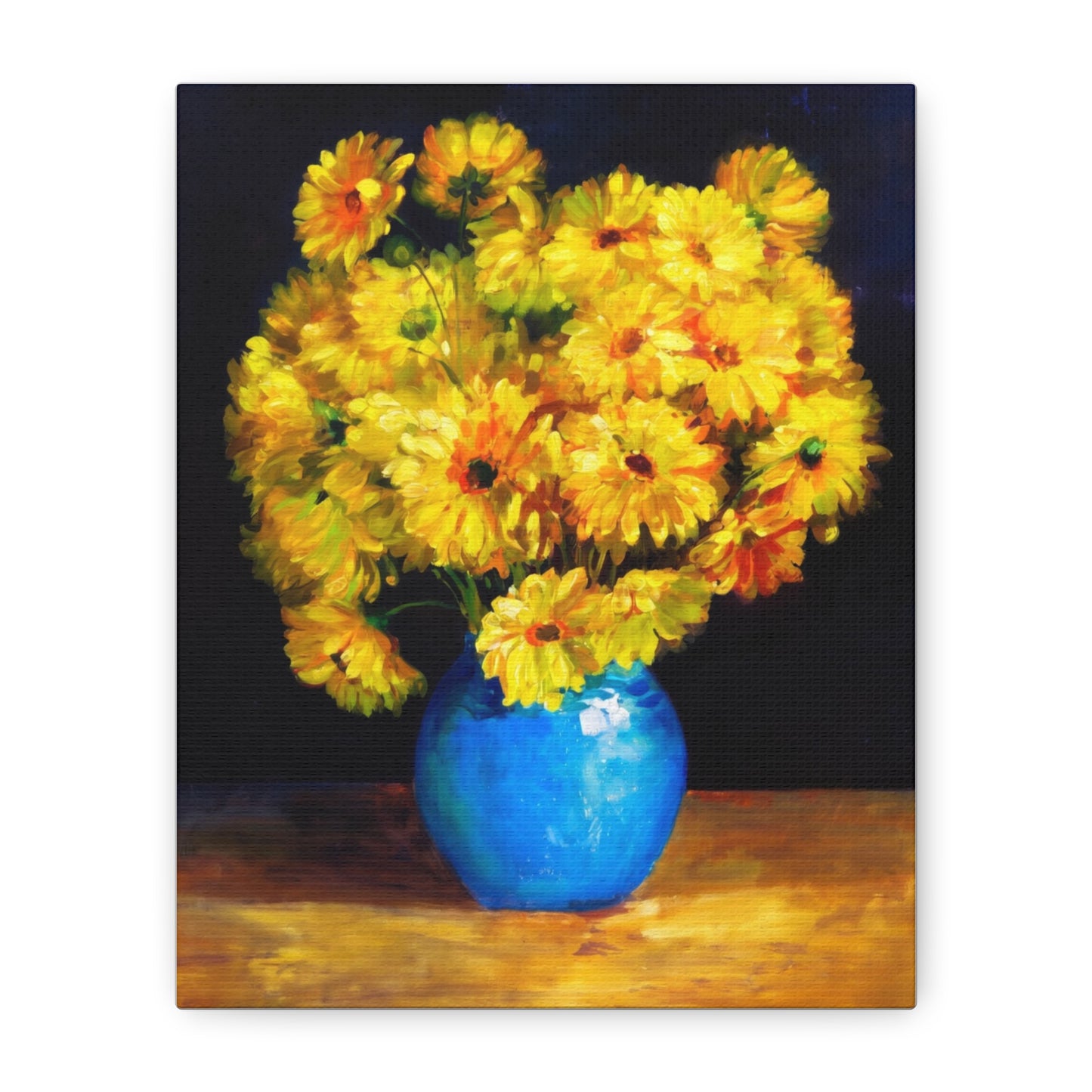 Yellow Chrysanthemum Canvas Wall Art — Blue Vase Floral Painting (Stretched Matte)