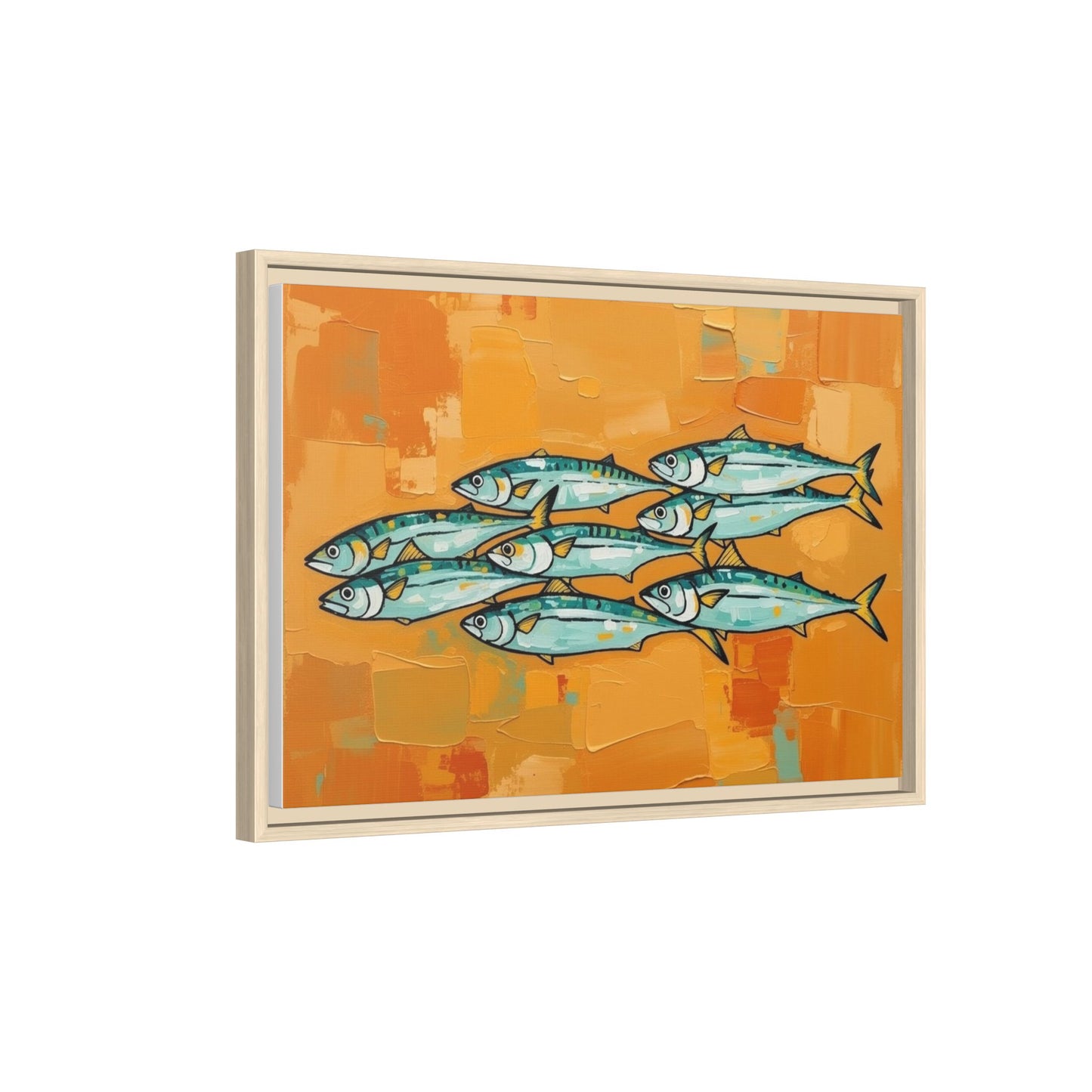 Framed Matte Canvas Print — School of Blue Fish on Orange Abstract Background