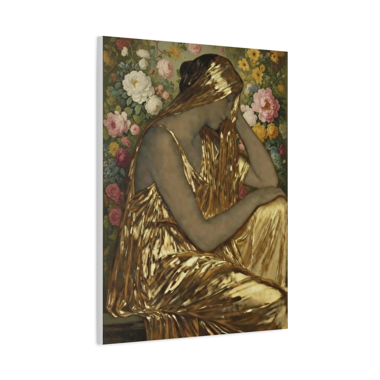 Golden Muse Canvas Print — Woman in Gold Floral Art (Stretched Matte)
