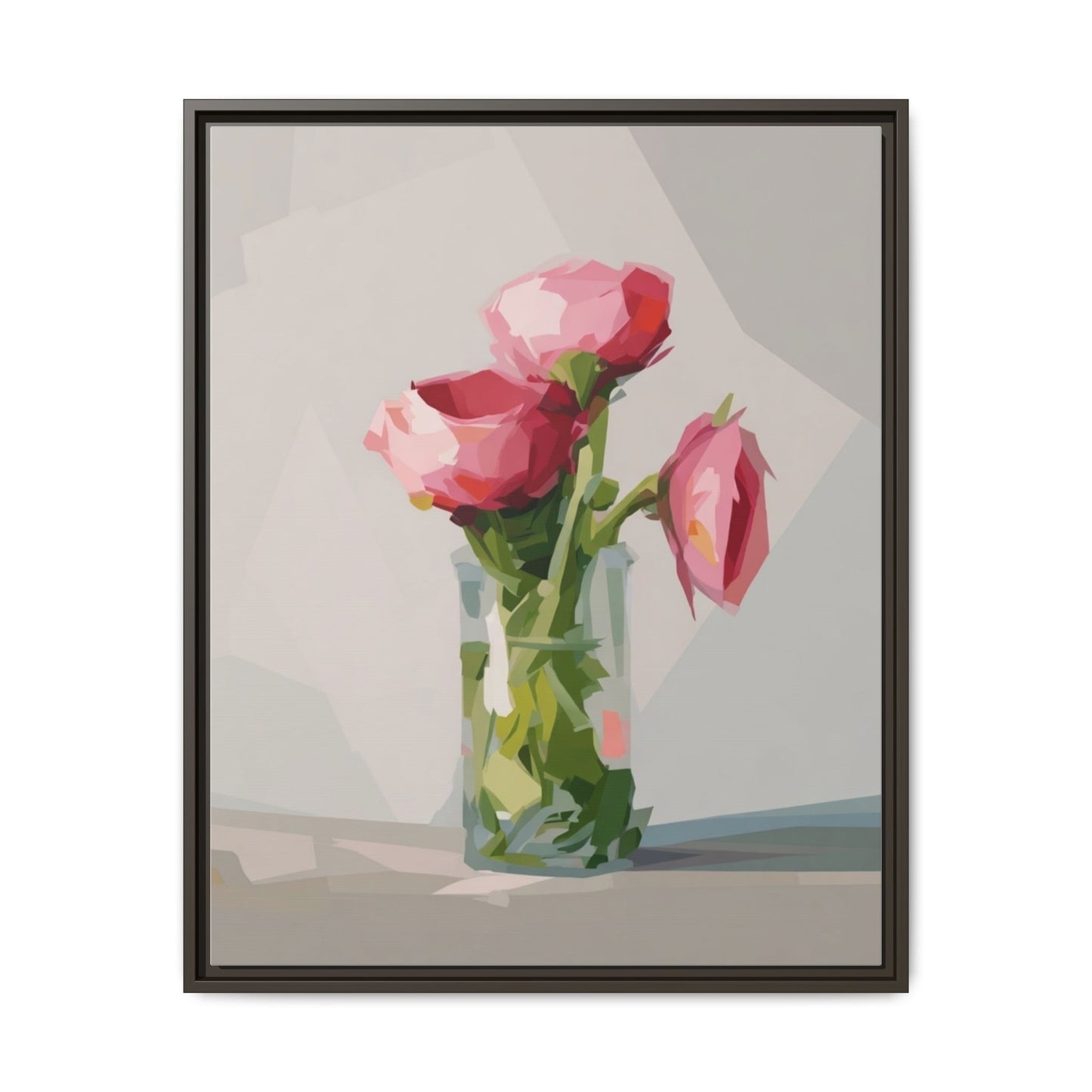 Framed Canvas Art — Pink Roses in Vase, Modern Floral Wall Print