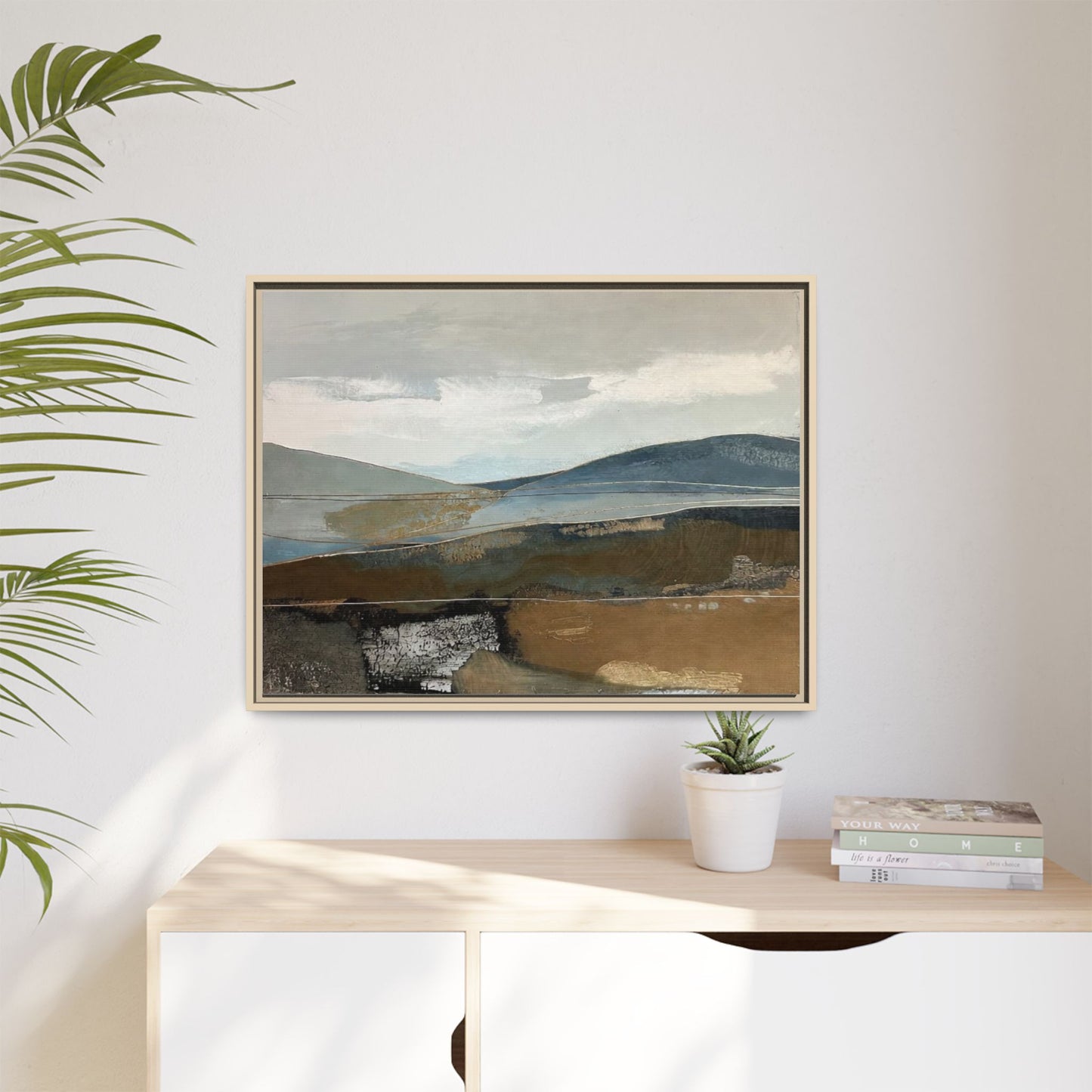 Framed Matte Canvas Landscape Art - Serene Abstract Hills in Blue & Earth Tones