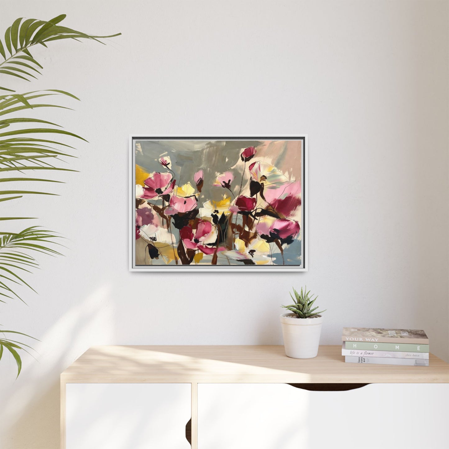 Framed Floral Canvas Wall Art — Abstract Pink & Yellow Flowers