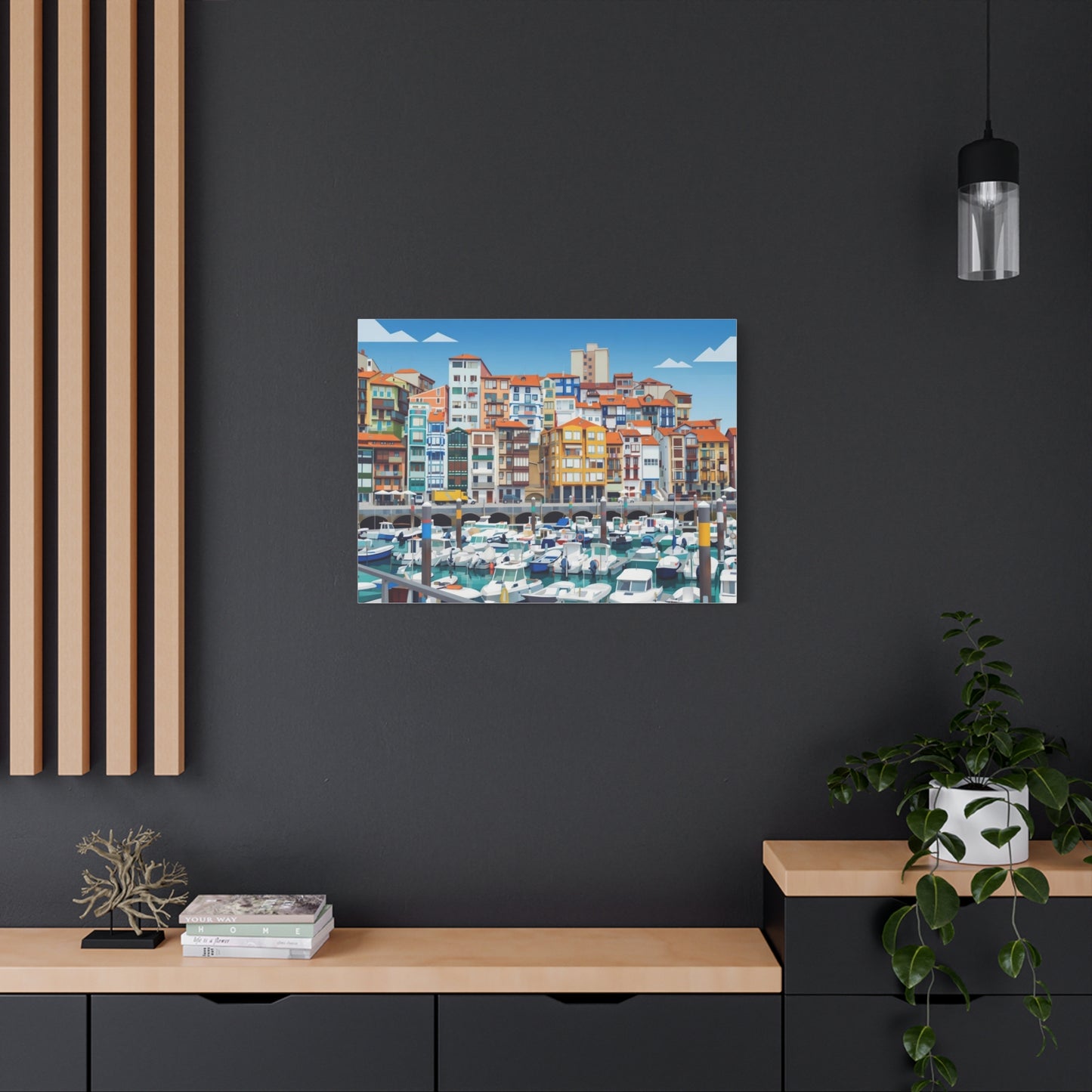 Colorful Coastal Harbor Matte Canvas Print — Stretched Wall Art