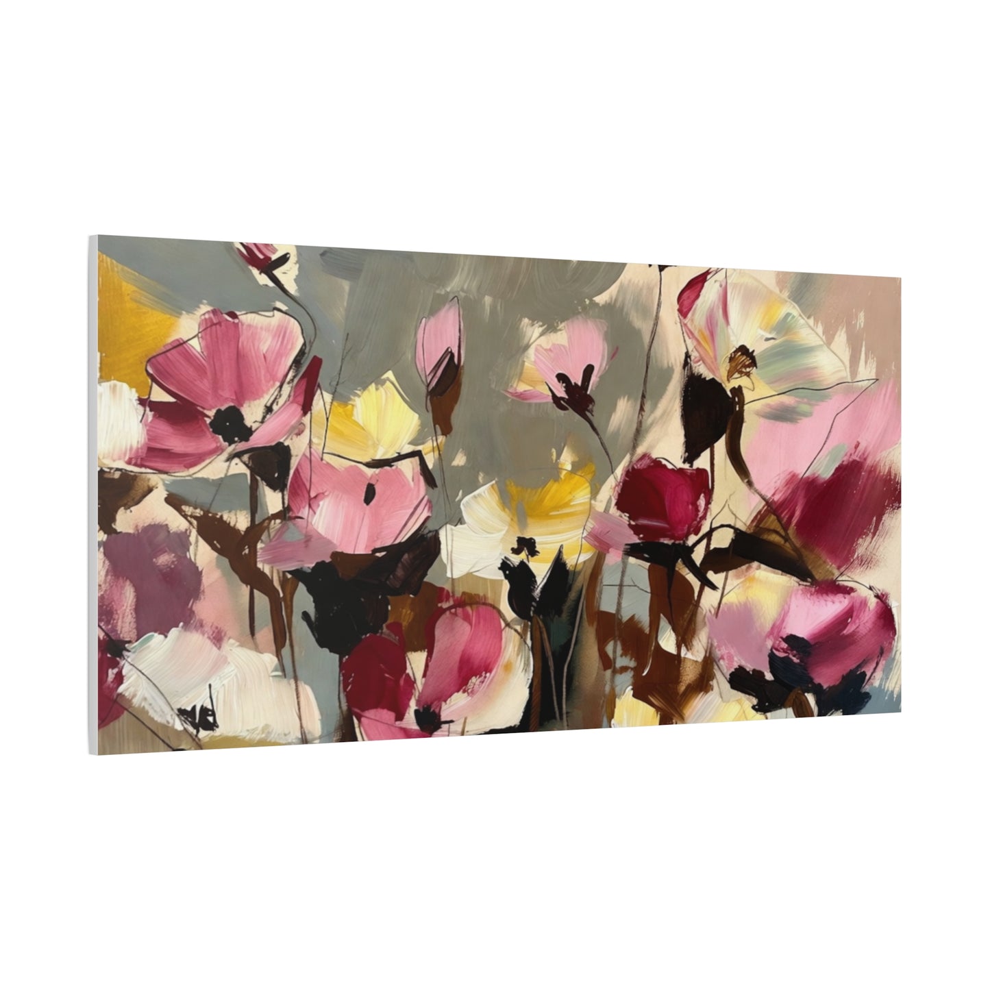 Floral Abstract Canvas Wall Art — Pink & Yellow Bloom Stretched Matte Print