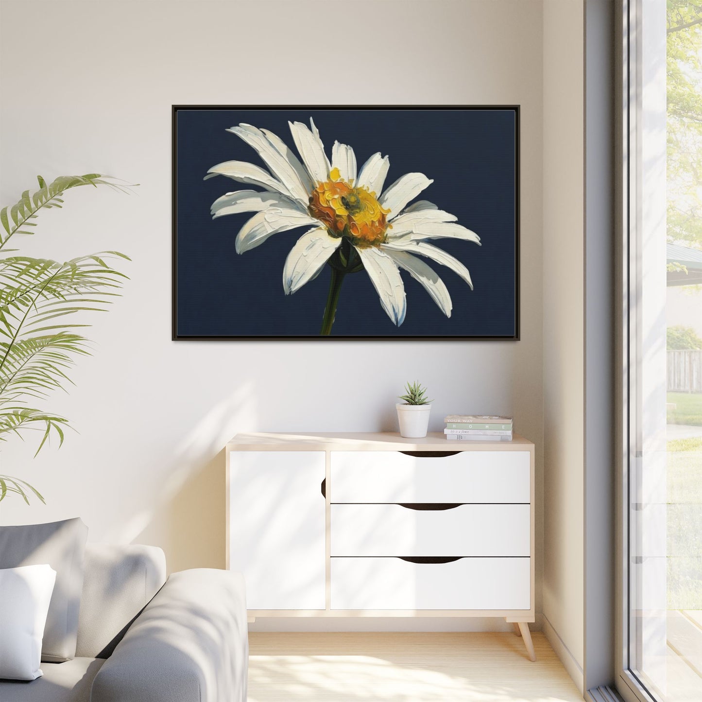 Framed Matte Canvas Daisy Wall Art — White Floral Painting on Navy