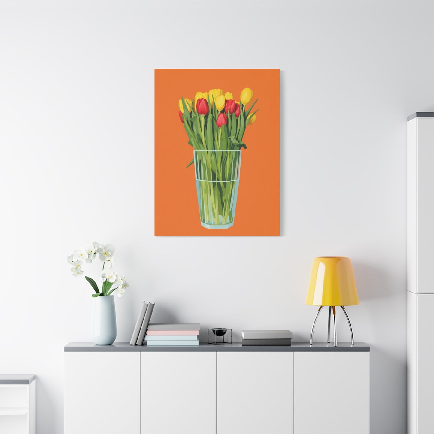Tulip Bouquet Canvas Wall Art – Glass Vase on Orange