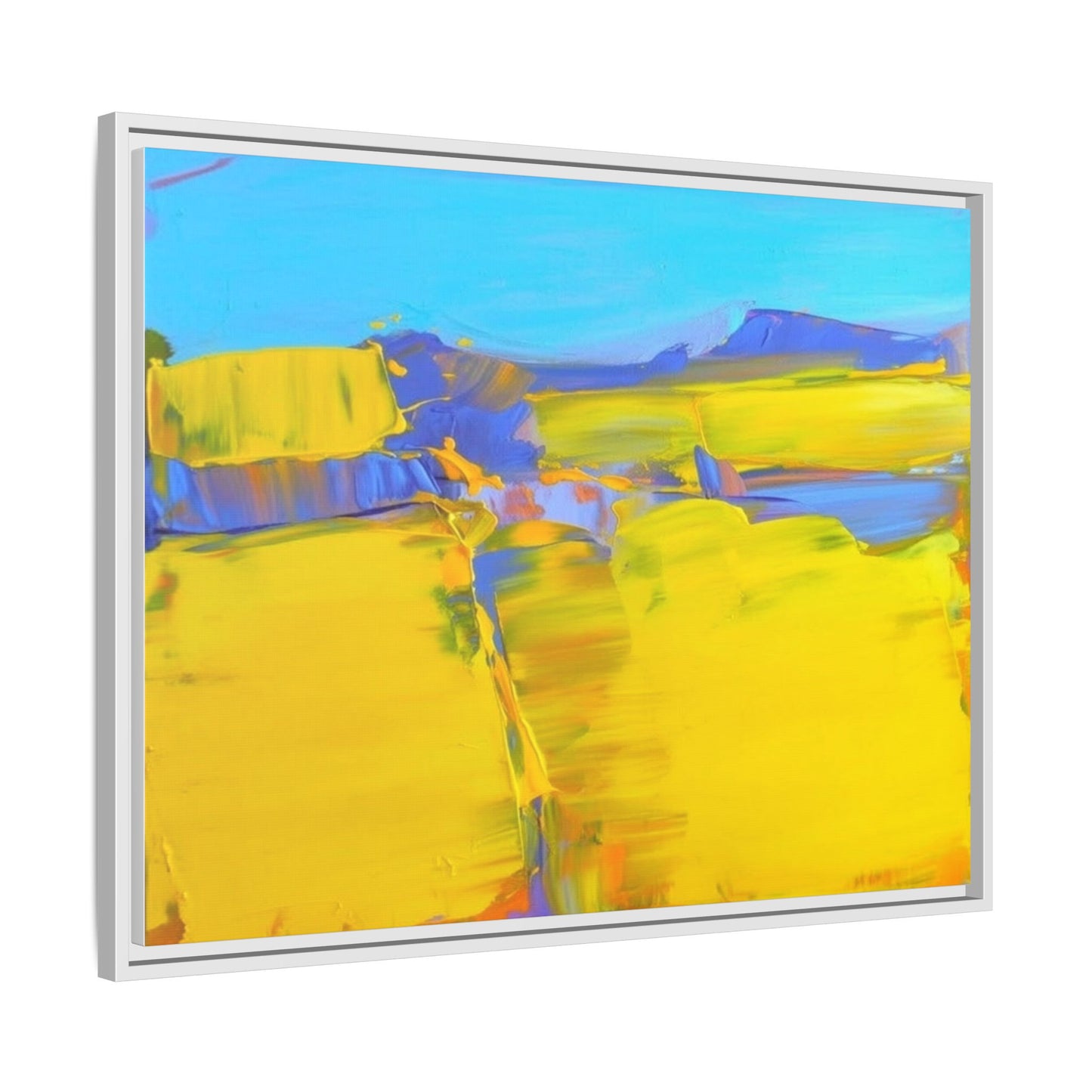 Framed Matte Canvas  Vibrant Yellow Blue Abstract Landscape Art