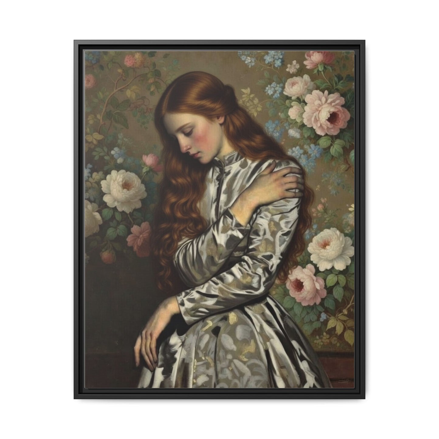 Framed Matte Canvas Art — Vintage Floral Portrait of a Young Woman