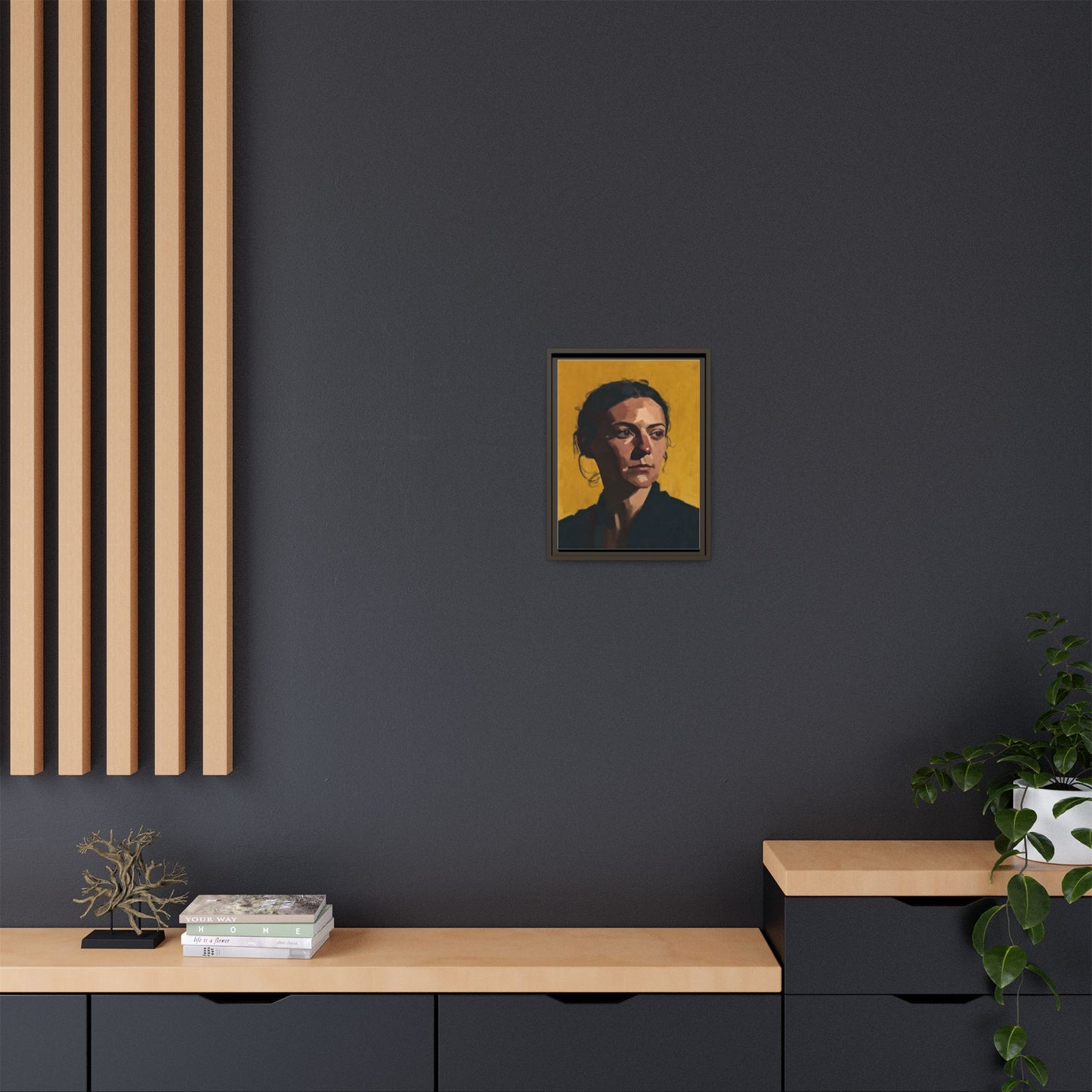 Framed Matte Canvas Portrait Art — Moody Woman on Mustard Background