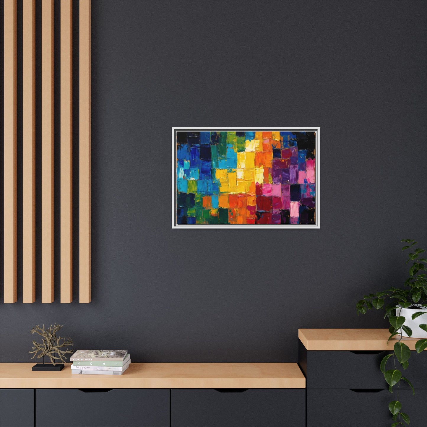 Abstract Rainbow Mosaic Framed Canvas Print — Colorful Modern Wall Art