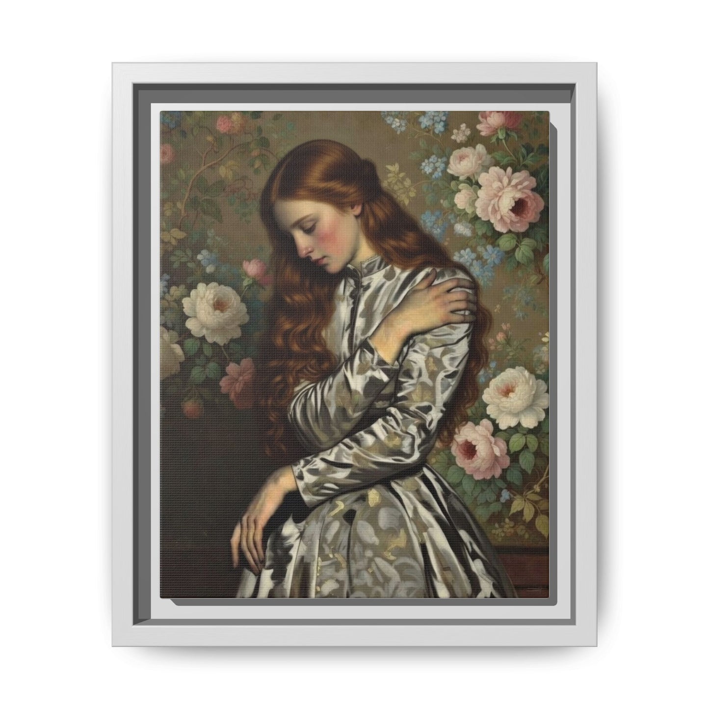 Framed Matte Canvas Art — Vintage Floral Portrait of a Young Woman