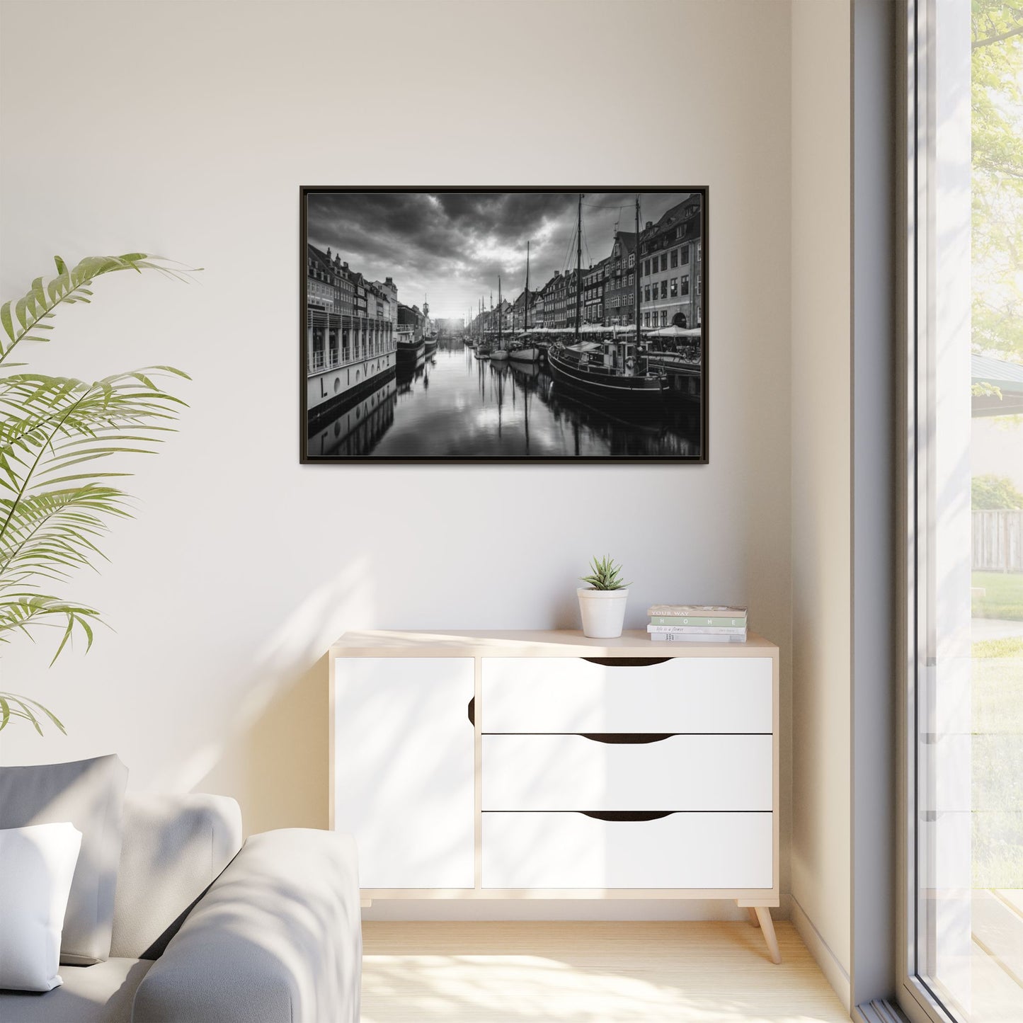Framed Matte Canvas: Black & White Dutch Canal Photography Wall Art