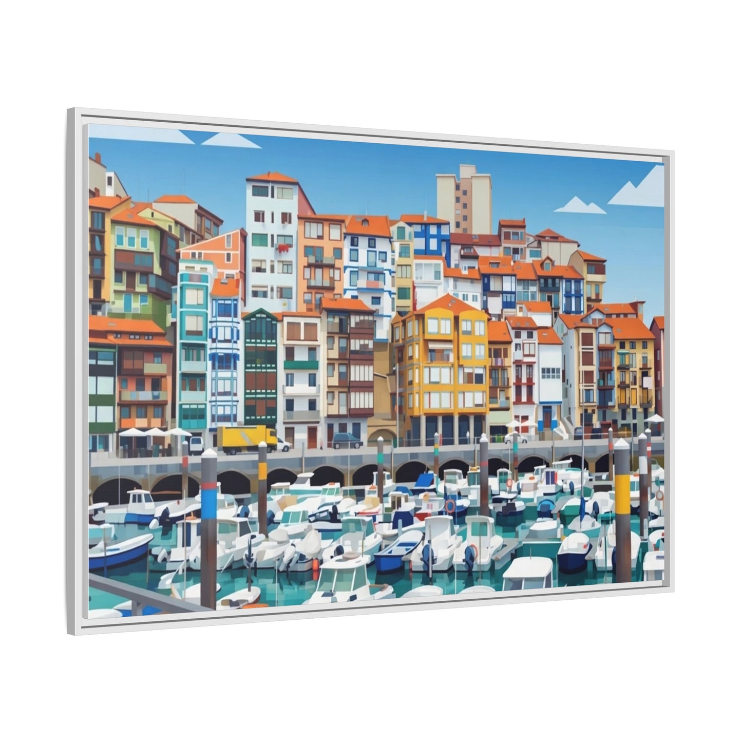 Framed Matte Canvas Print — Colorful Mediterranean Harbor Illustration