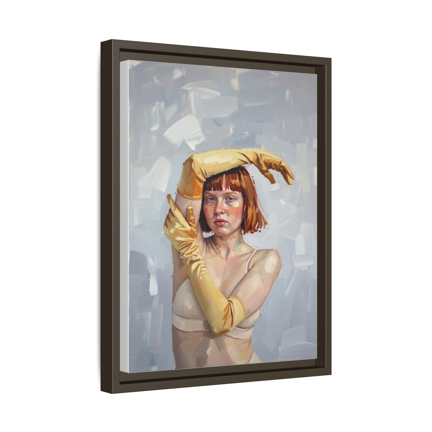 Contemporary Portrait Canvas Print — Woman with Yellow Gloves (Framed Matte)