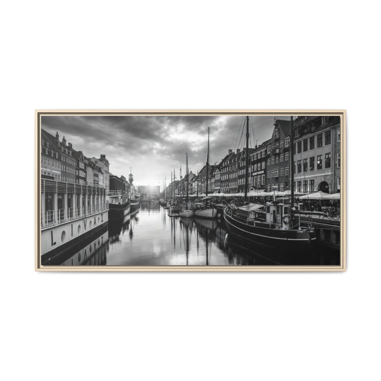 Framed Matte Canvas: Black & White Dutch Canal Photography Wall Art