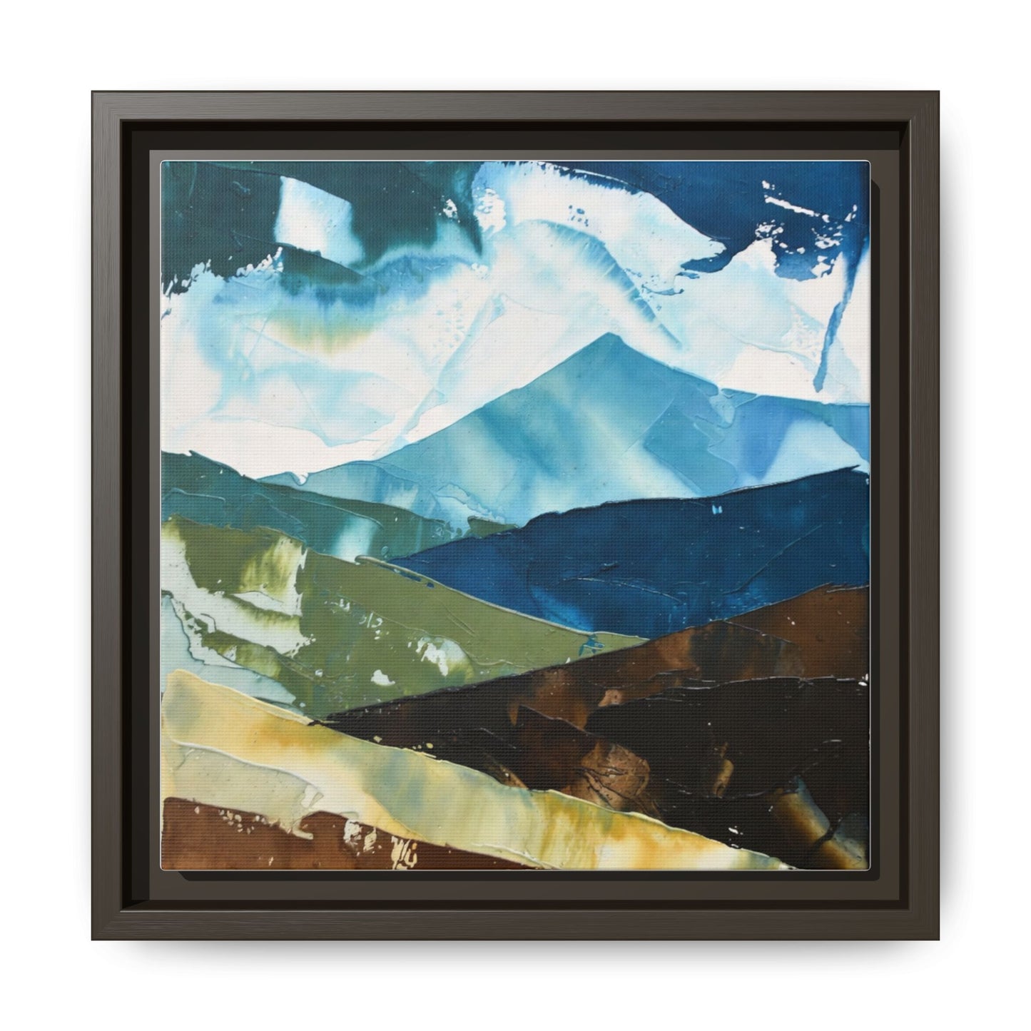 Framed Abstract Mountain Canvas Art — Blue & Earthtone Landscape Print