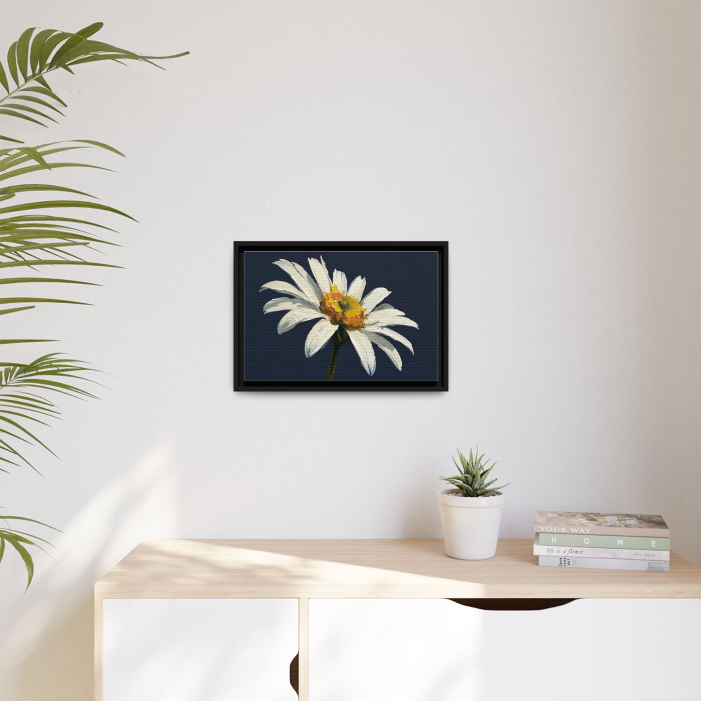 Framed Matte Canvas Daisy Wall Art — White Floral Painting on Navy