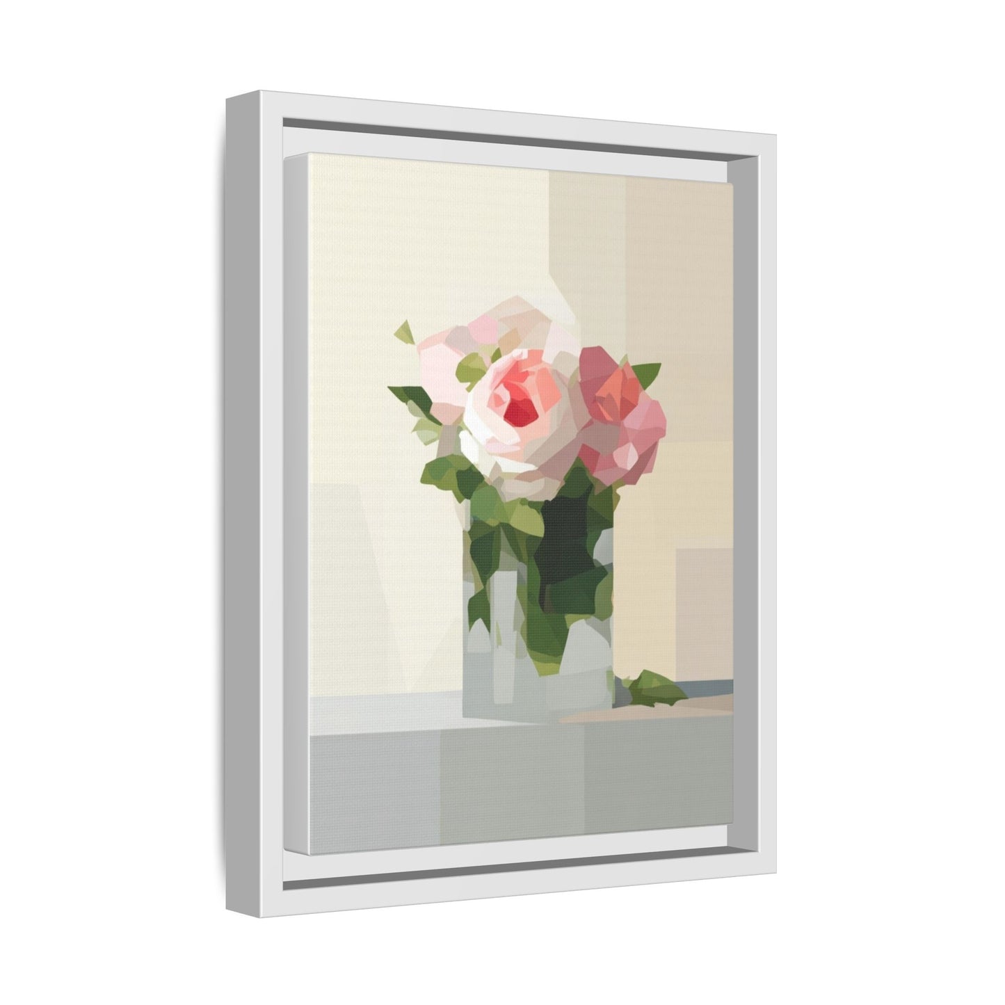 Framed Floral Canvas Print — Geometric Pink Rose Wall Art