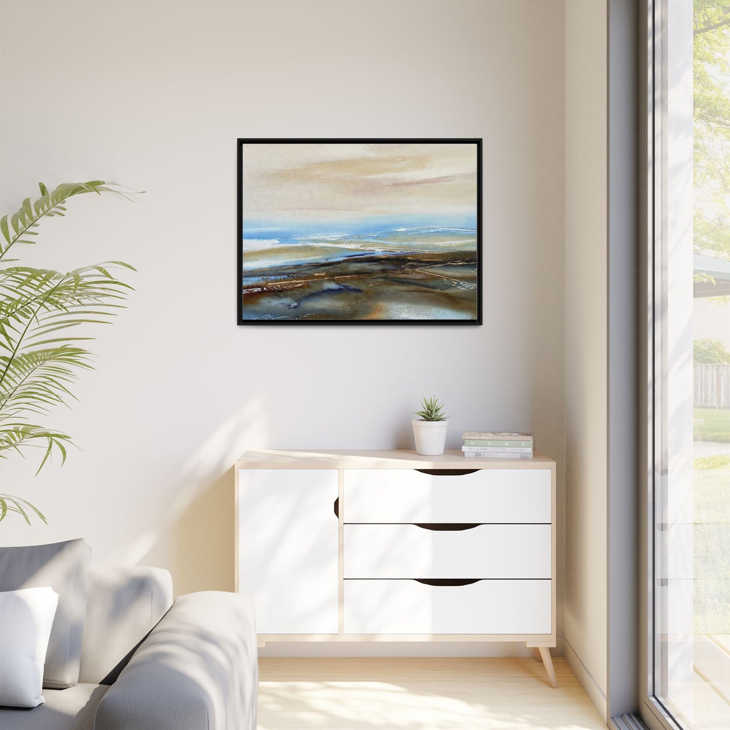 Framed Abstract Seascape Matte Canvas — Coastal Blue & Earth Tone Wall Art
