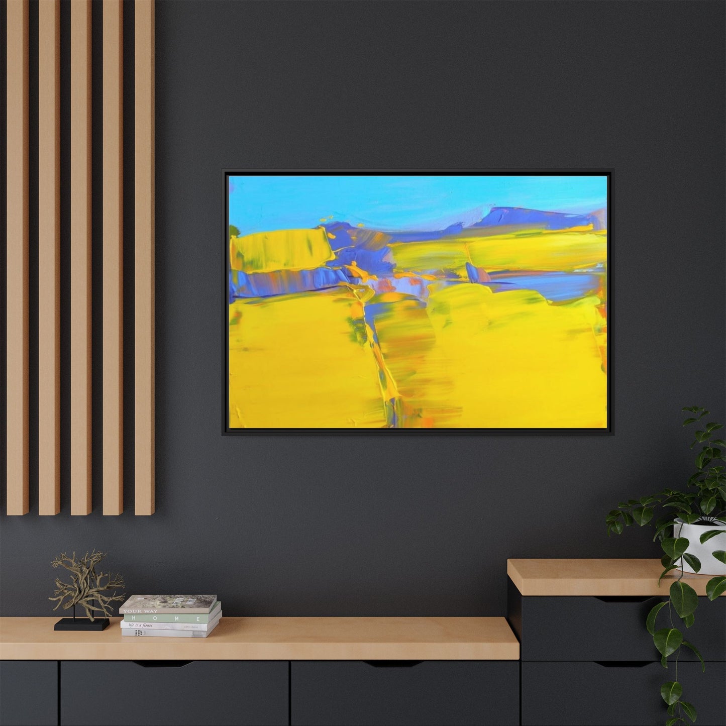 Framed Matte Canvas  Vibrant Yellow Blue Abstract Landscape Art