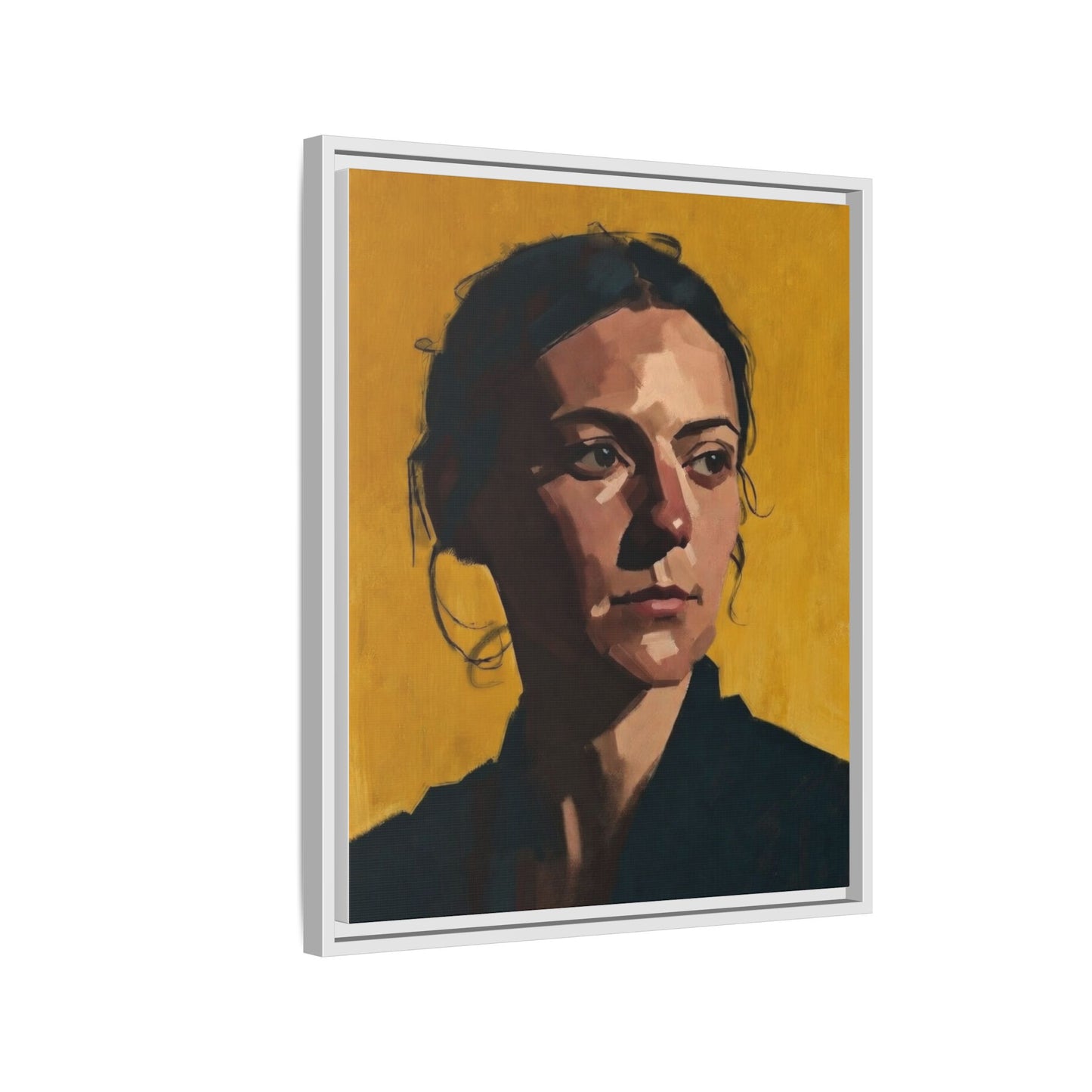 Framed Matte Canvas Portrait Art — Moody Woman on Mustard Background
