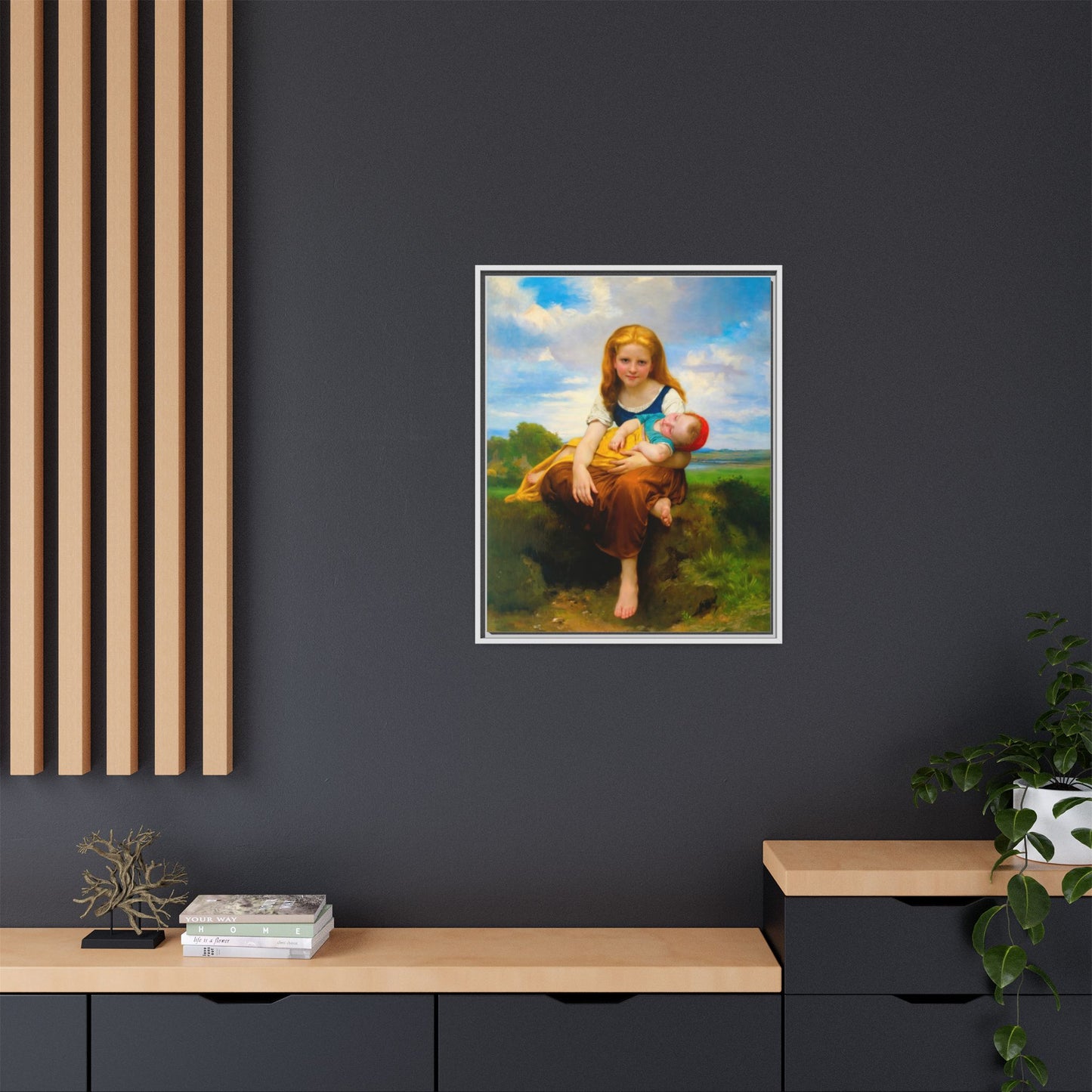 Young Girl Holding Sleeping Baby Canvas Print, Framed Wall Art