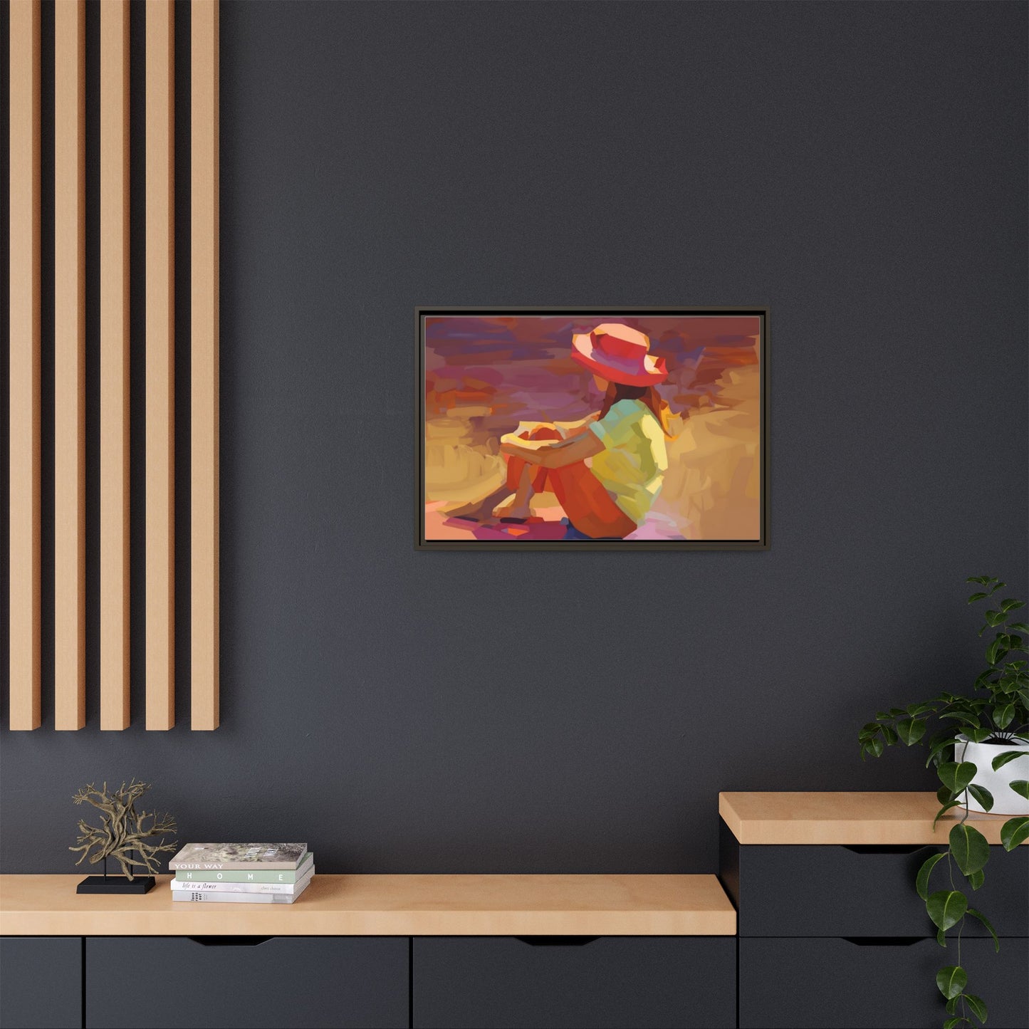 Framed Matte Canvas — Colorful Seated Girl Beach Art