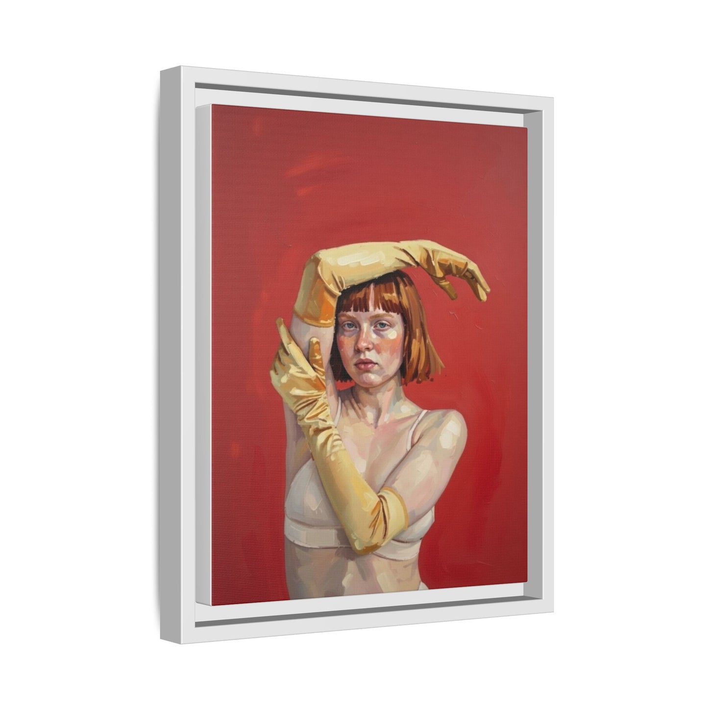 Framed Matte Canvas Art - Portrait of Woman in Yellow Gloves (Red Background)