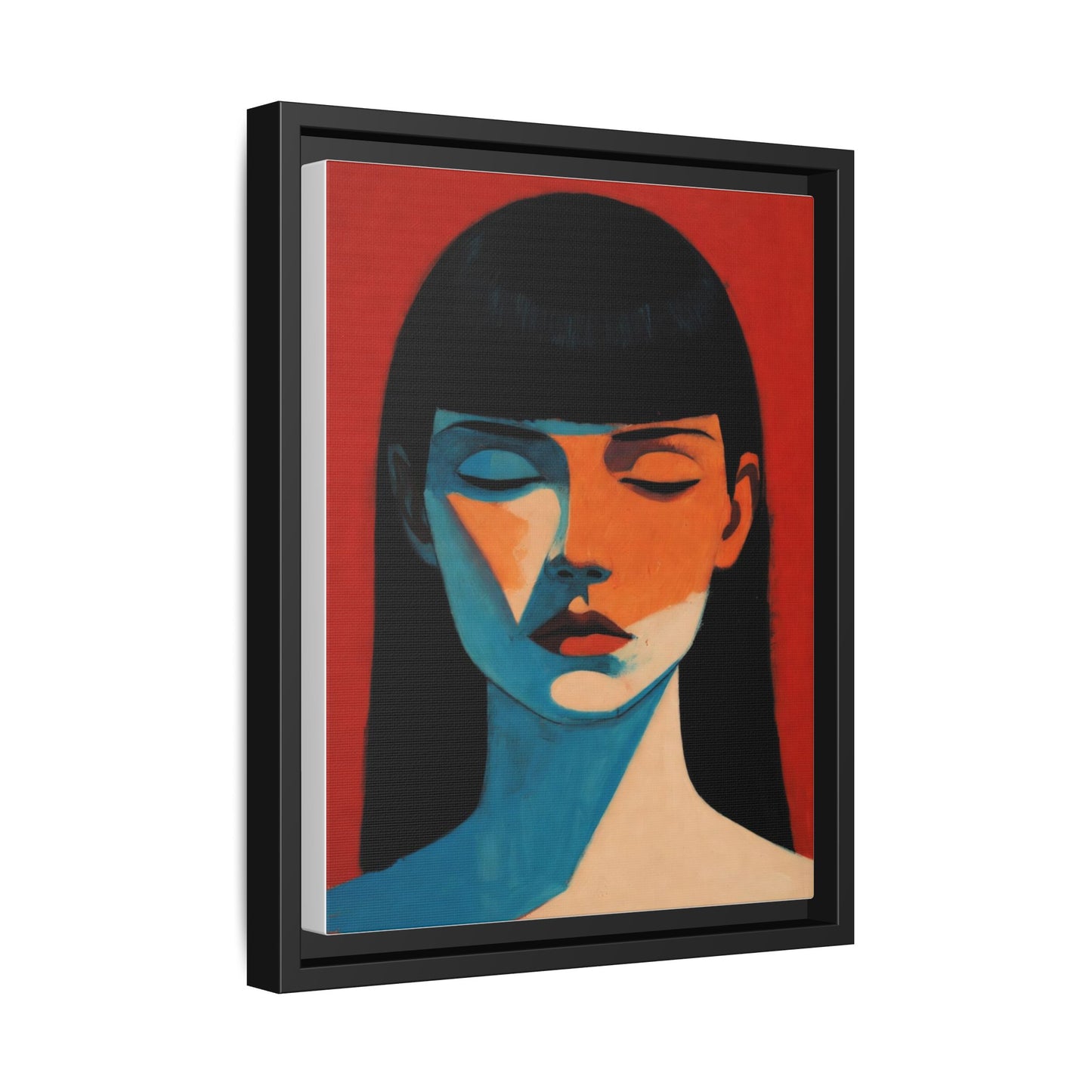 Framed Matte Canvas Art – Minimalist Portrait in Red & Teal