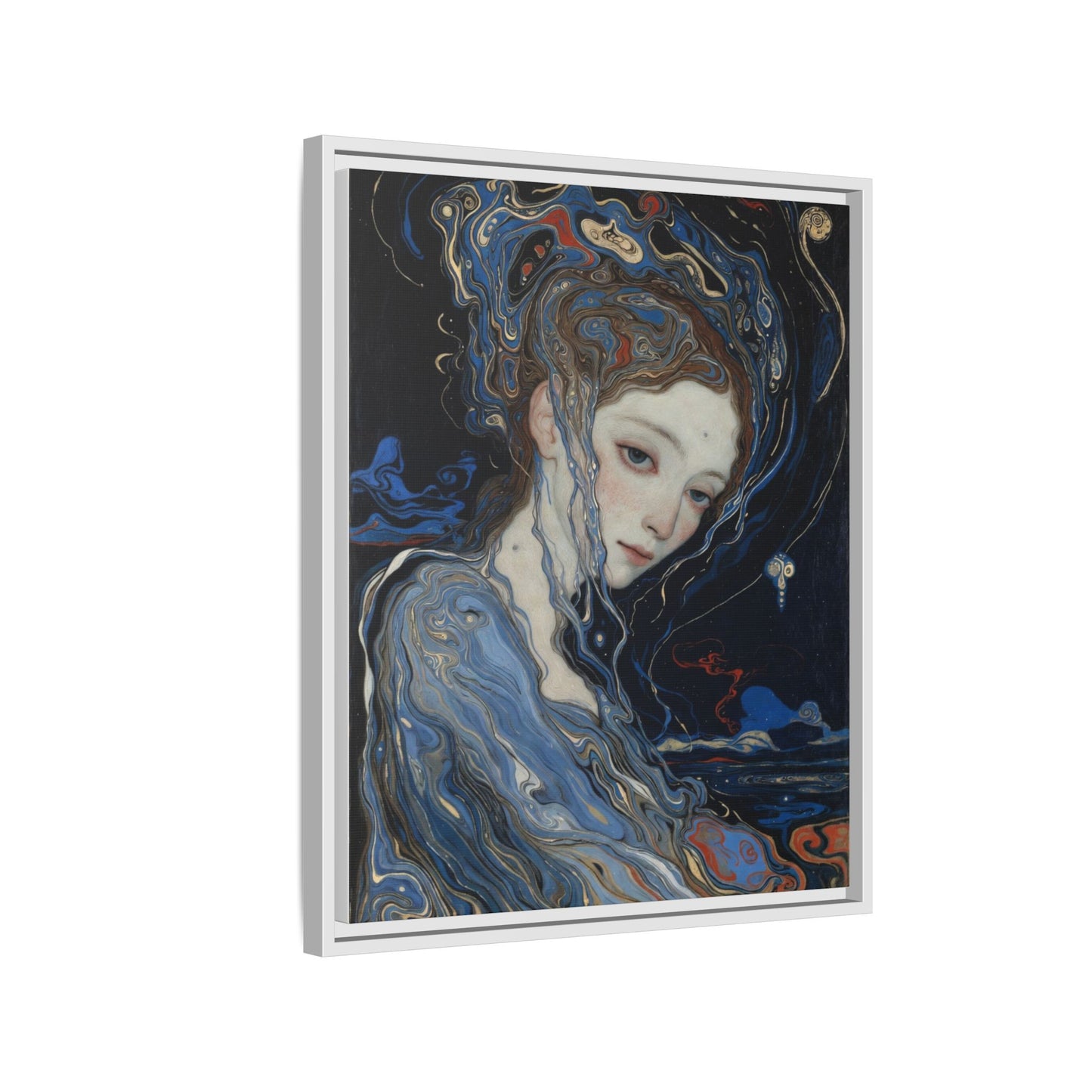 Framed Matte Canvas Art Print — Surreal Blue Maiden Portrait