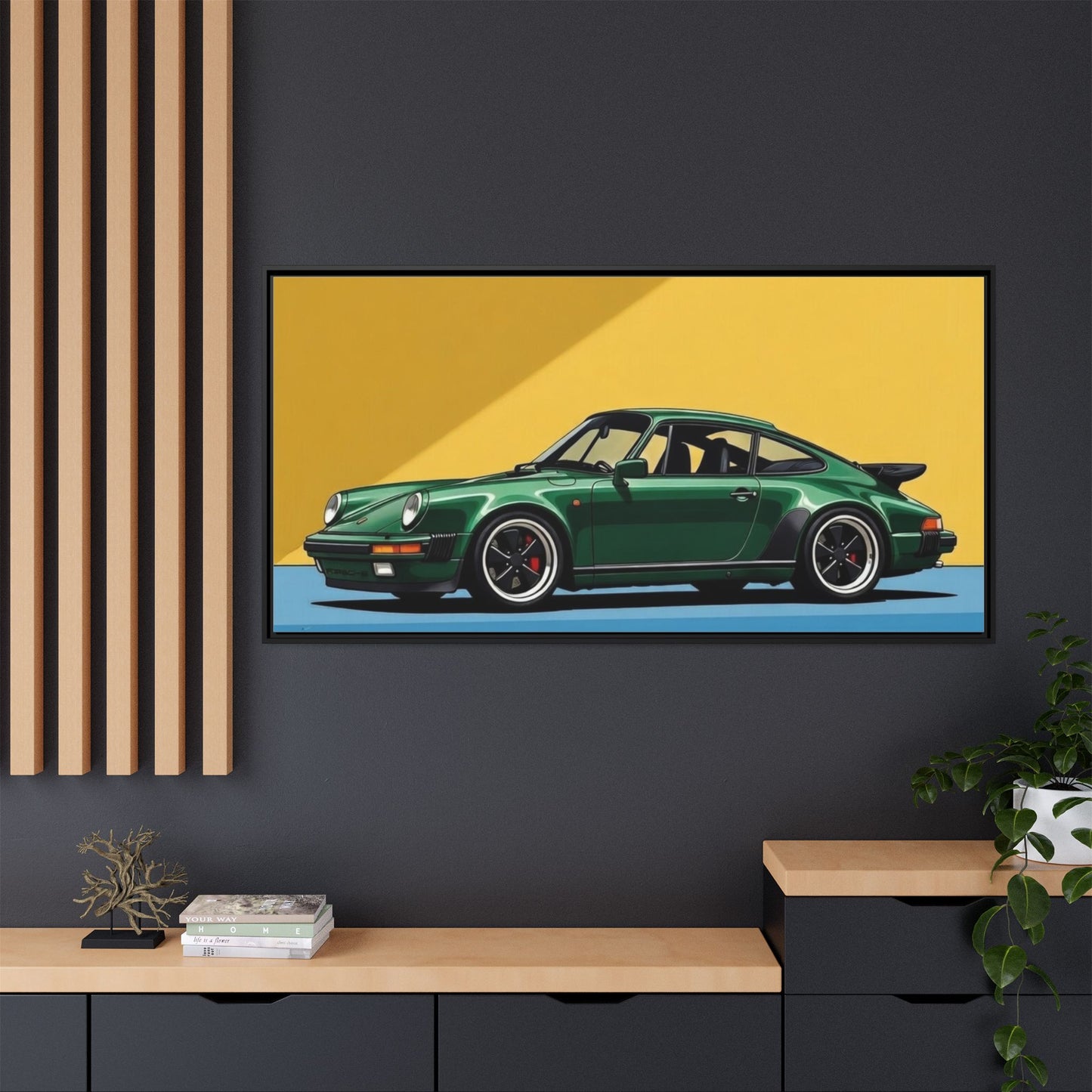 Framed Matte Canvas — Green Sports Car Wall Art