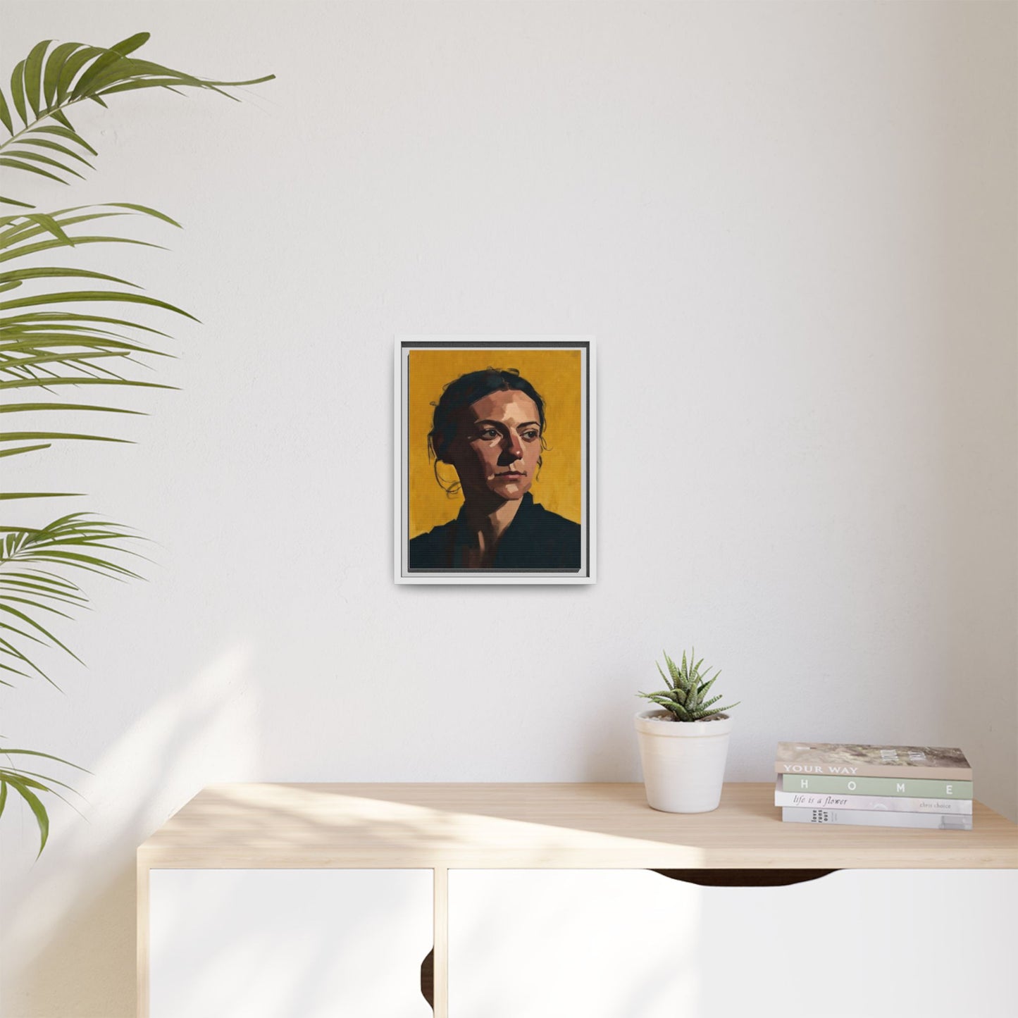 Framed Matte Canvas Portrait Art — Moody Woman on Mustard Background
