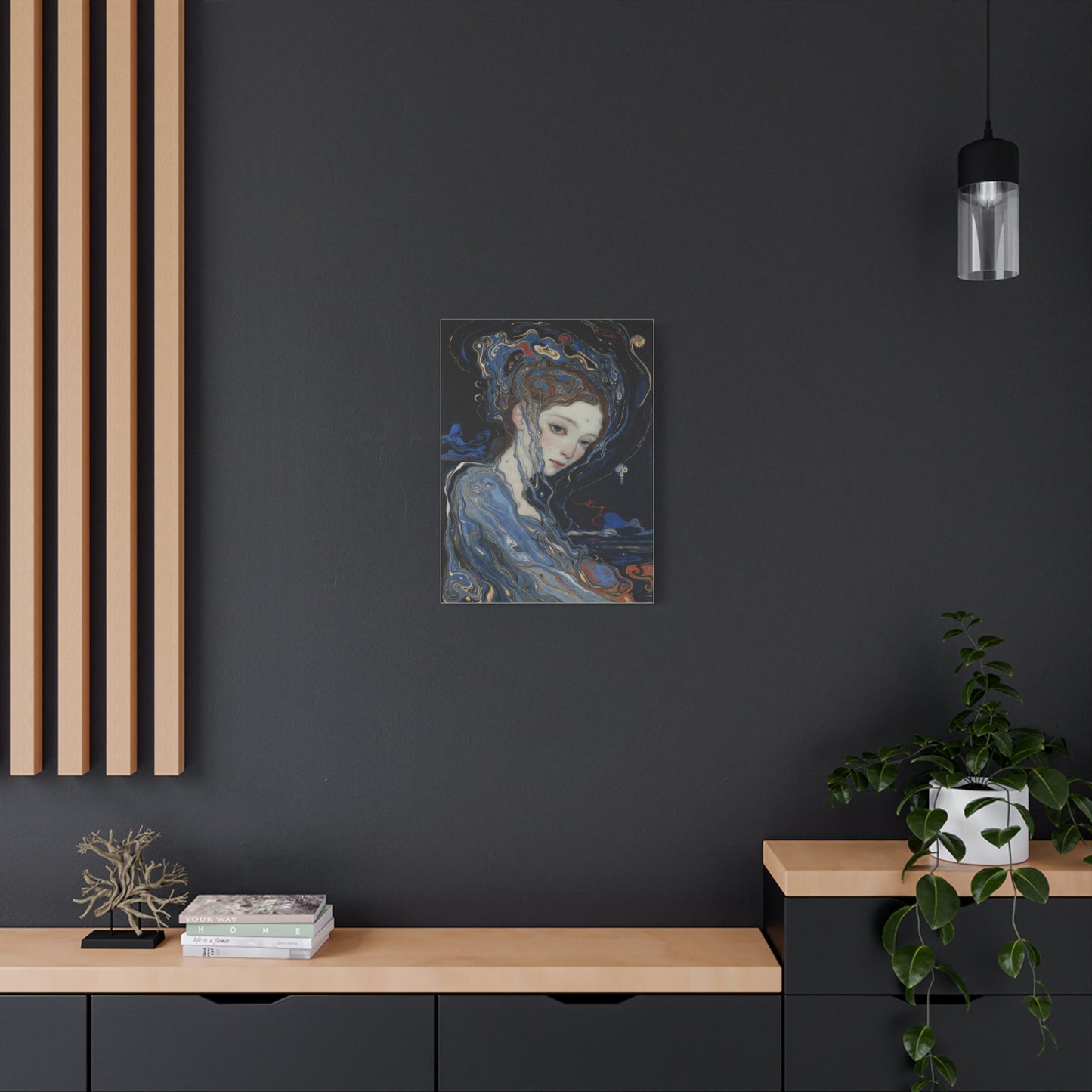 Ethereal Siren Matte Canvas Wall Art — Surreal Blue Portrait, Stretched 1.25"