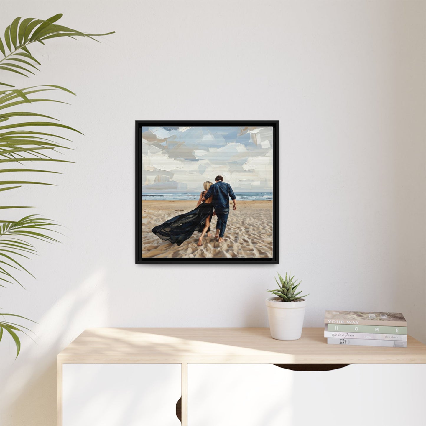 Framed Canvas Wall Art — Romantic Couple Walking on Beach Print