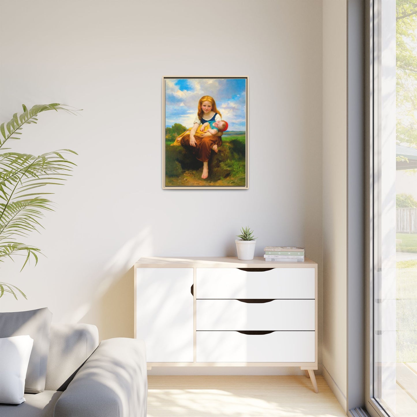 Young Girl Holding Sleeping Baby Canvas Print, Framed Wall Art