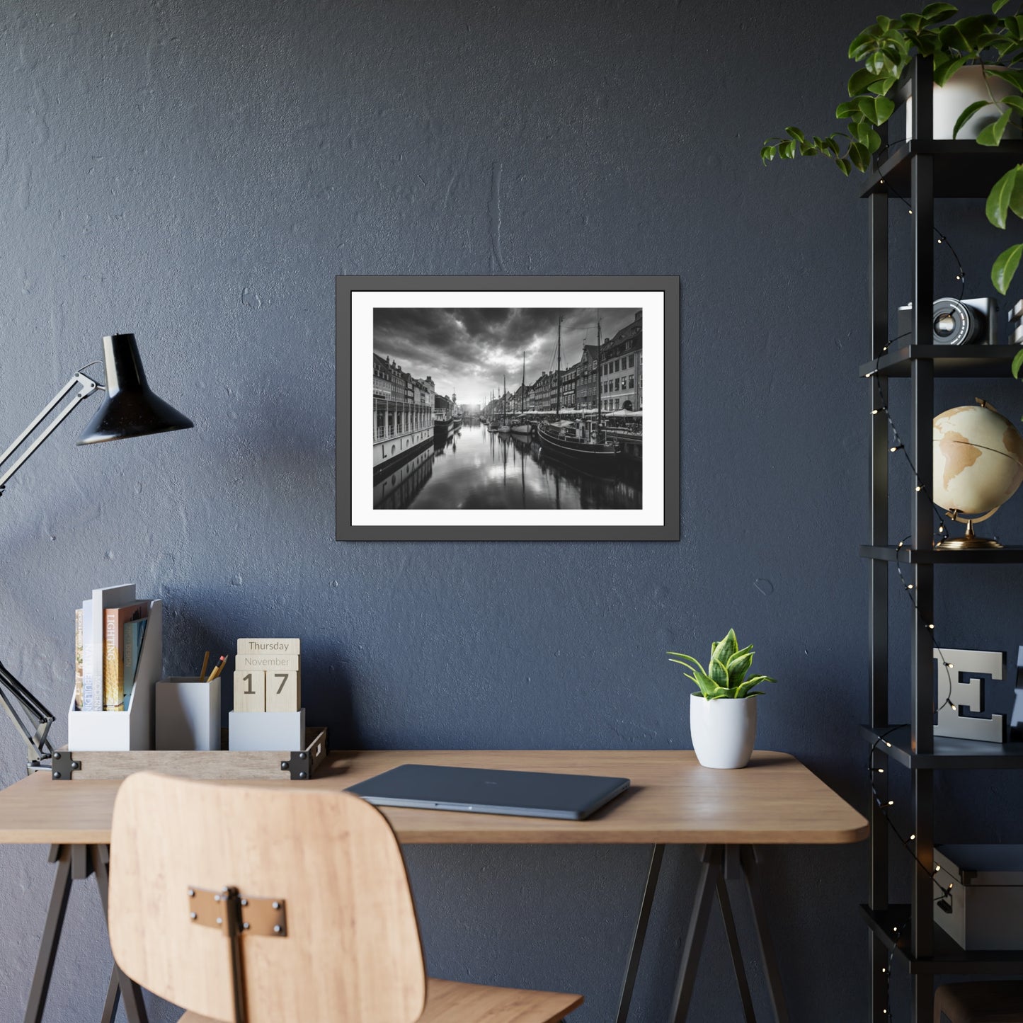 Black & White Dutch Canal Framed Photo Print — Nautical Cityscape Wall Art