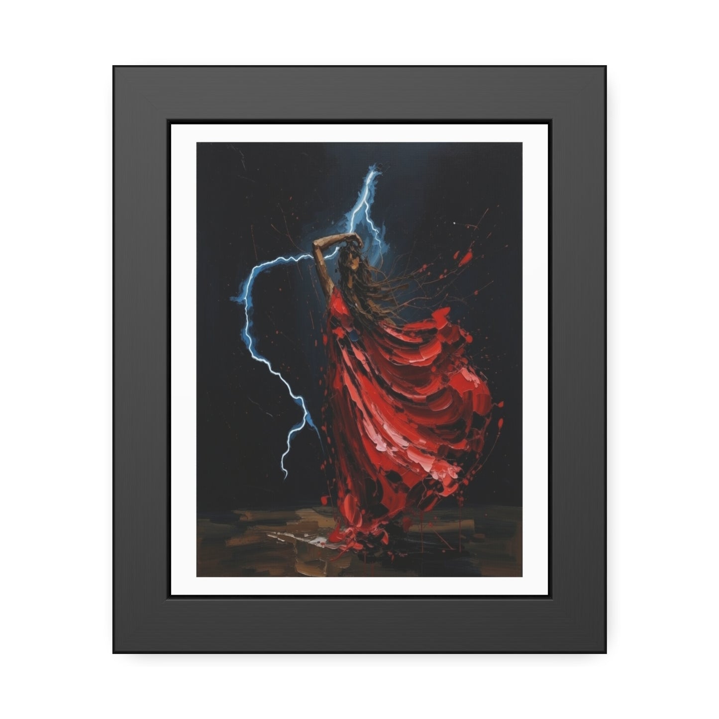Framed Poster — Red-Dressed Dancer with Lightning Art Print