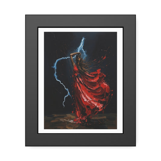 Framed Poster — Red-Dressed Dancer with Lightning Art Print