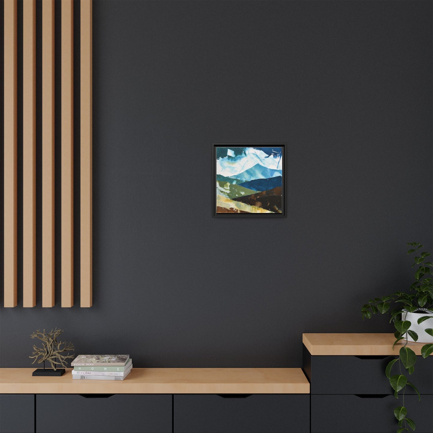 Framed Abstract Mountain Canvas Art — Blue & Earthtone Landscape Print