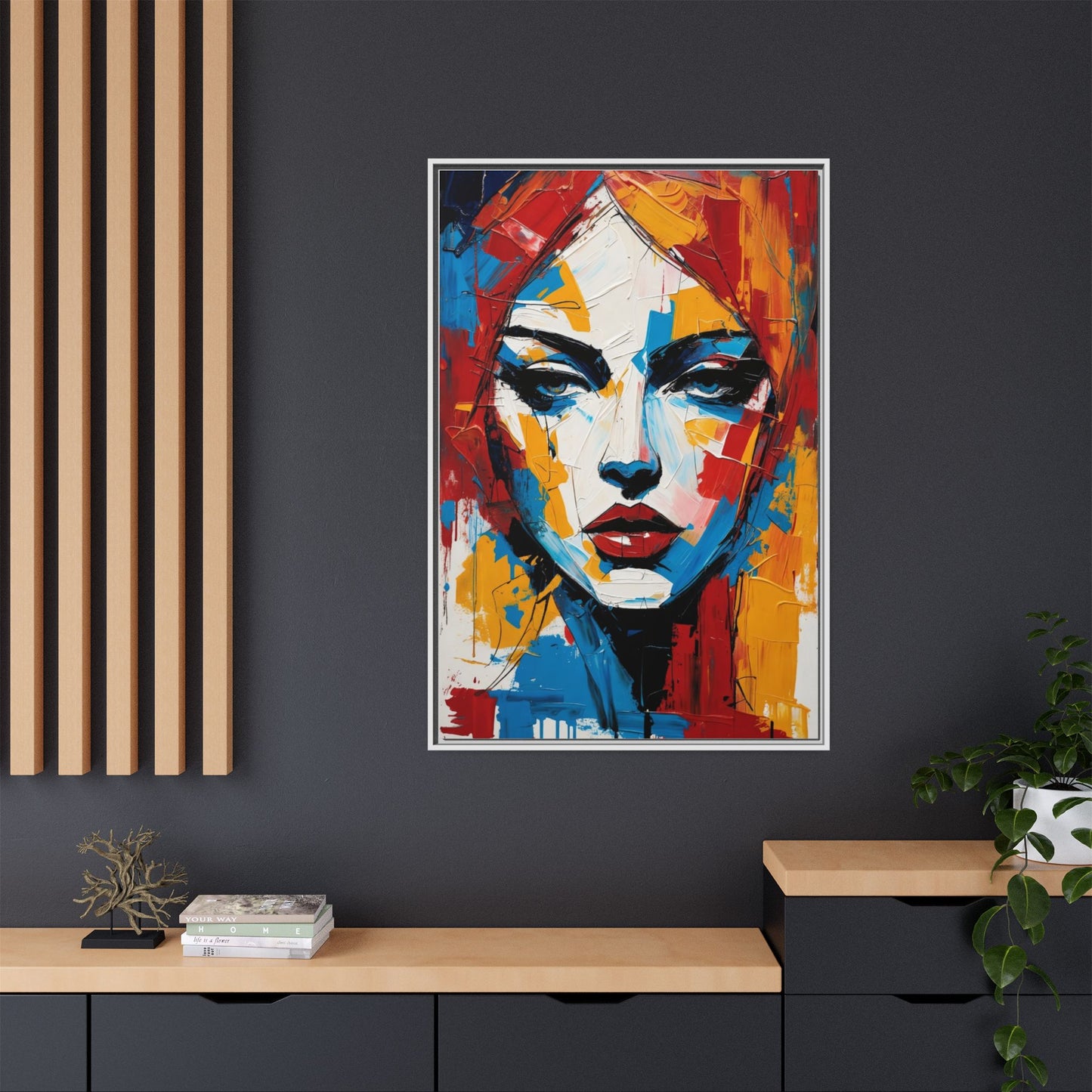 Framed Abstract Portrait Canvas — Colorful Female Face Wall Art