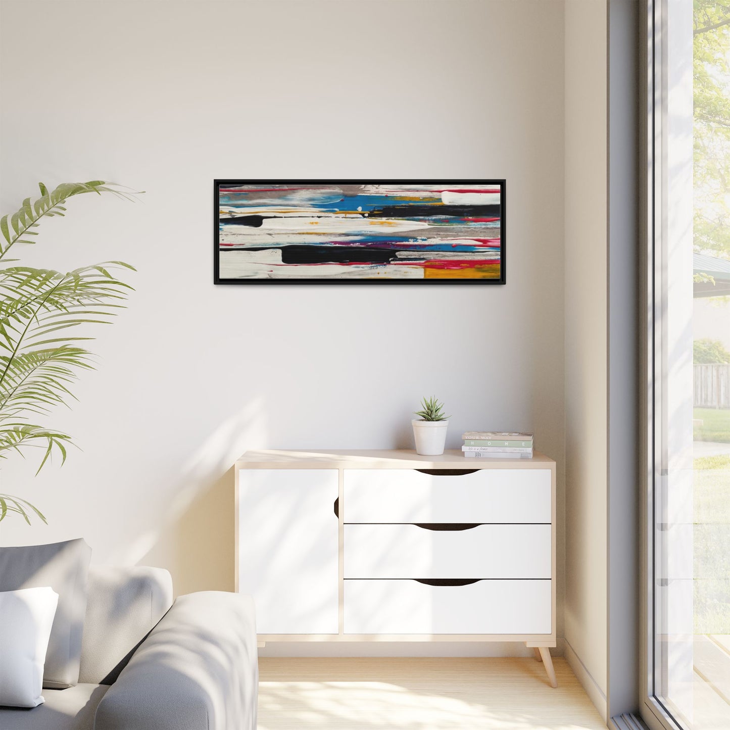 Abstract Multi-Color Framed Canvas Wall Art — Modern Horizontal Brushstroke Print