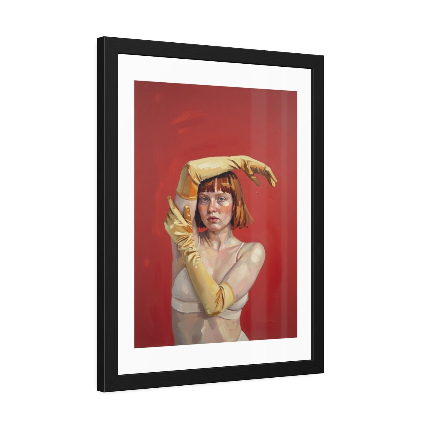 Framed Art Print — Retro Portrait with Yellow Gloves on Red Background