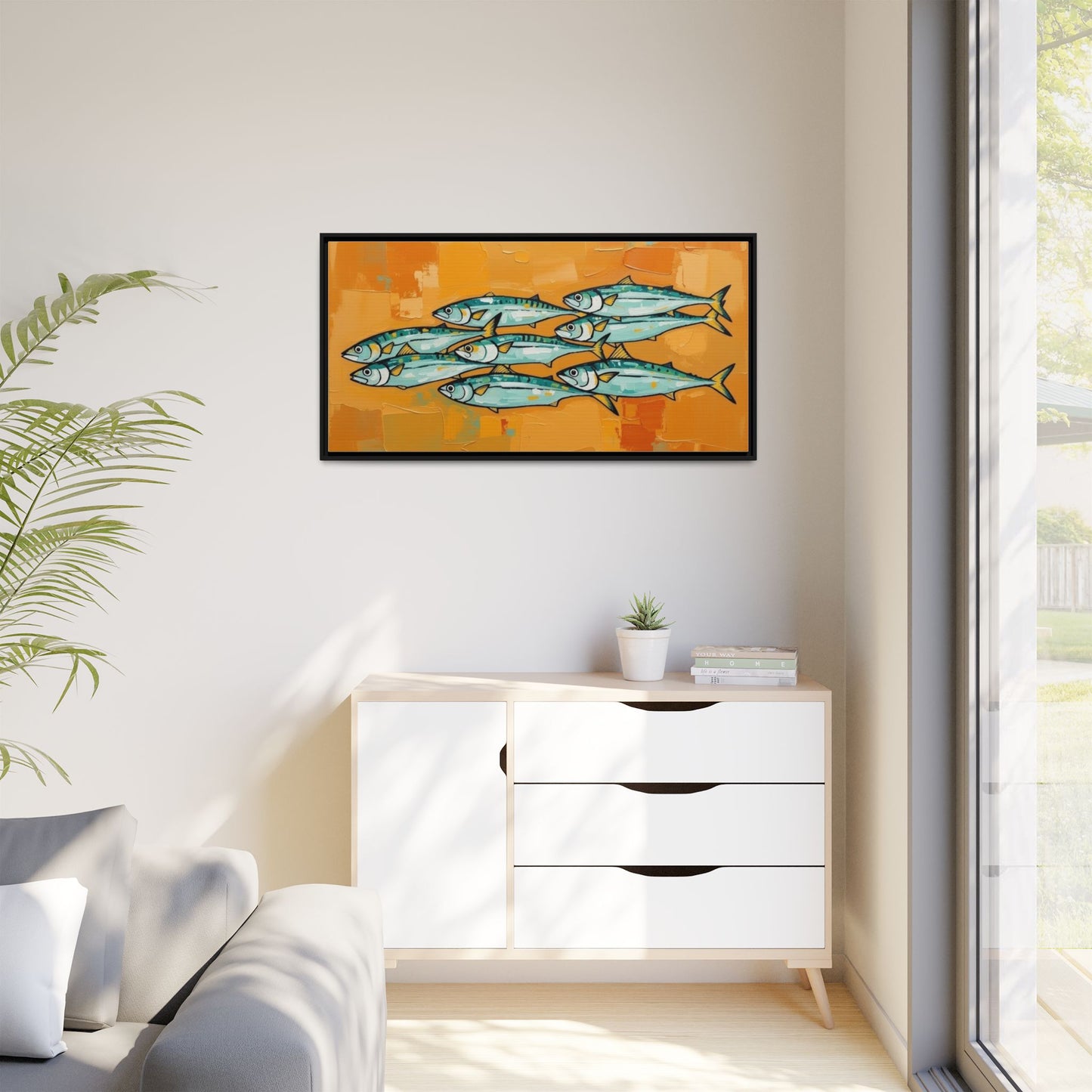 Framed Matte Canvas Print — School of Blue Fish on Orange Abstract Background