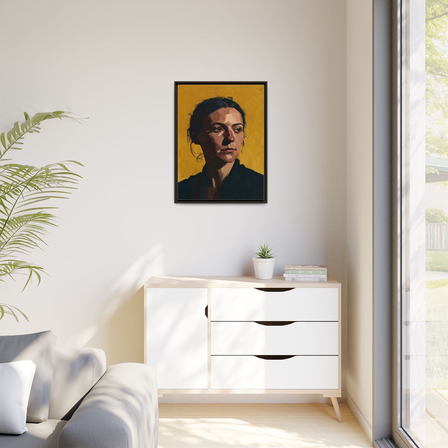 Framed Matte Canvas Portrait Art — Moody Woman on Mustard Background