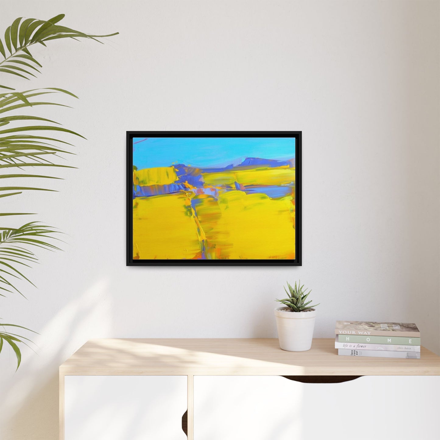 Framed Matte Canvas  Vibrant Yellow Blue Abstract Landscape Art
