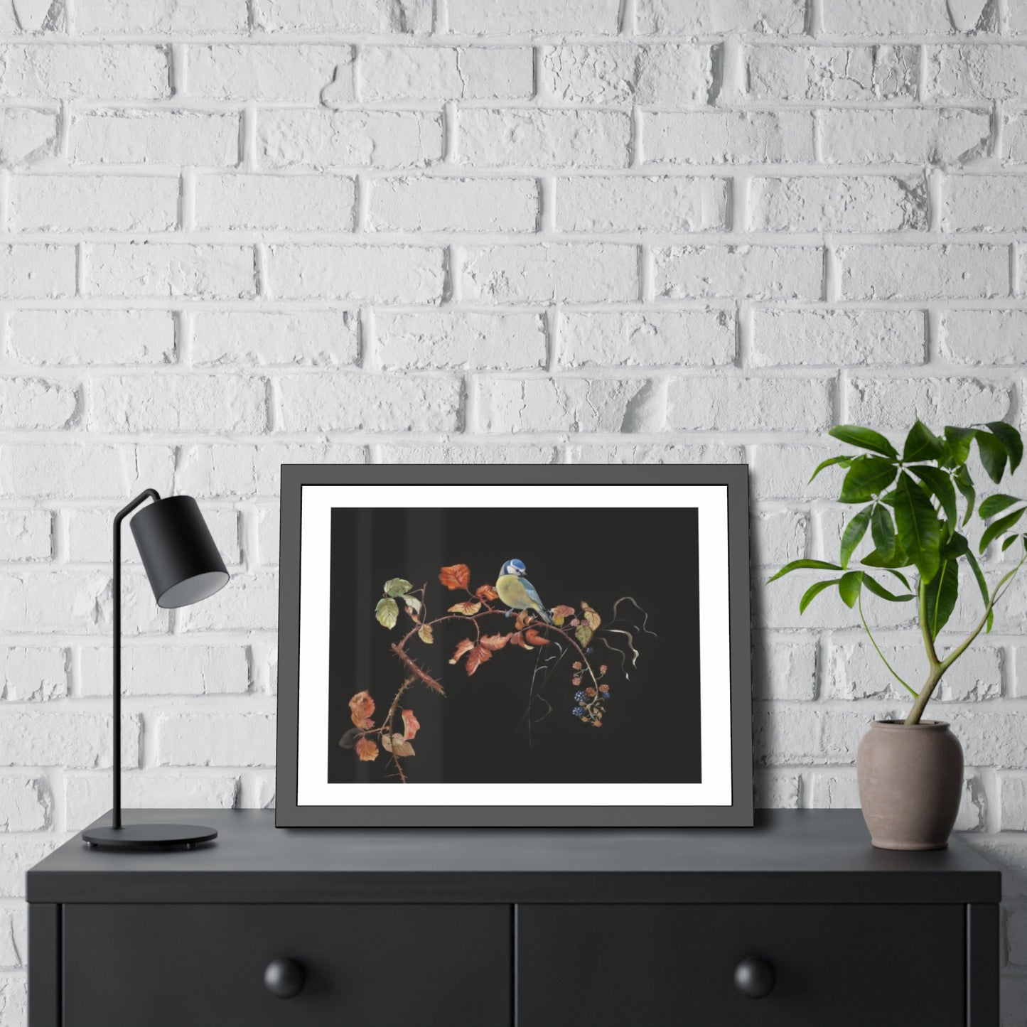 Framed Bird Print Poster — Vintage Botanical Bird Illustration on Black