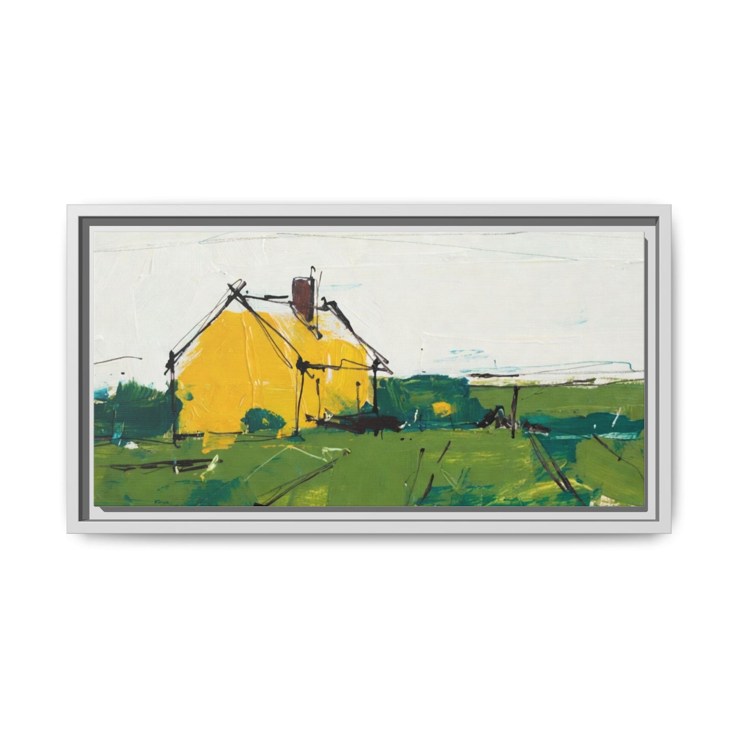 Yellow Cottage Landscape Framed Canvas Print