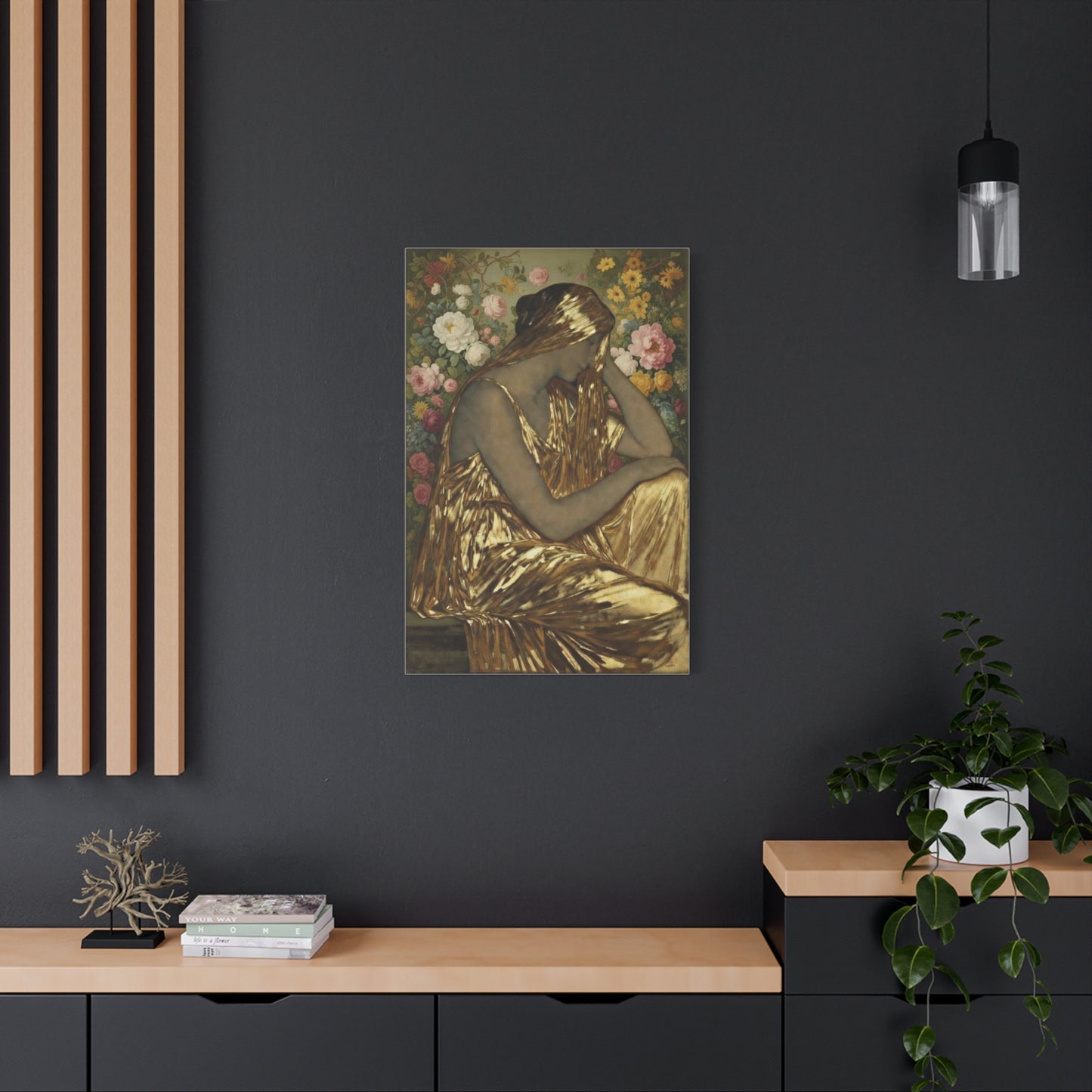 Golden Muse Canvas Print — Woman in Gold Floral Art (Stretched Matte)