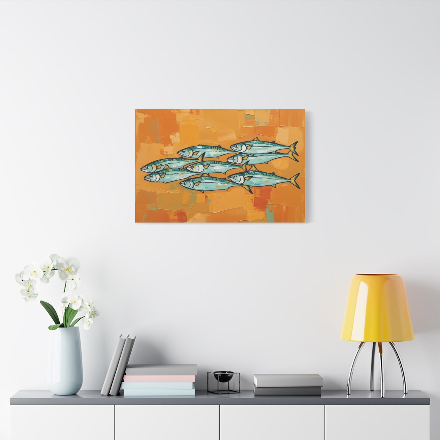 School of Mackerel Canvas Wall Art — Nautical Fish Painting on Orange Background